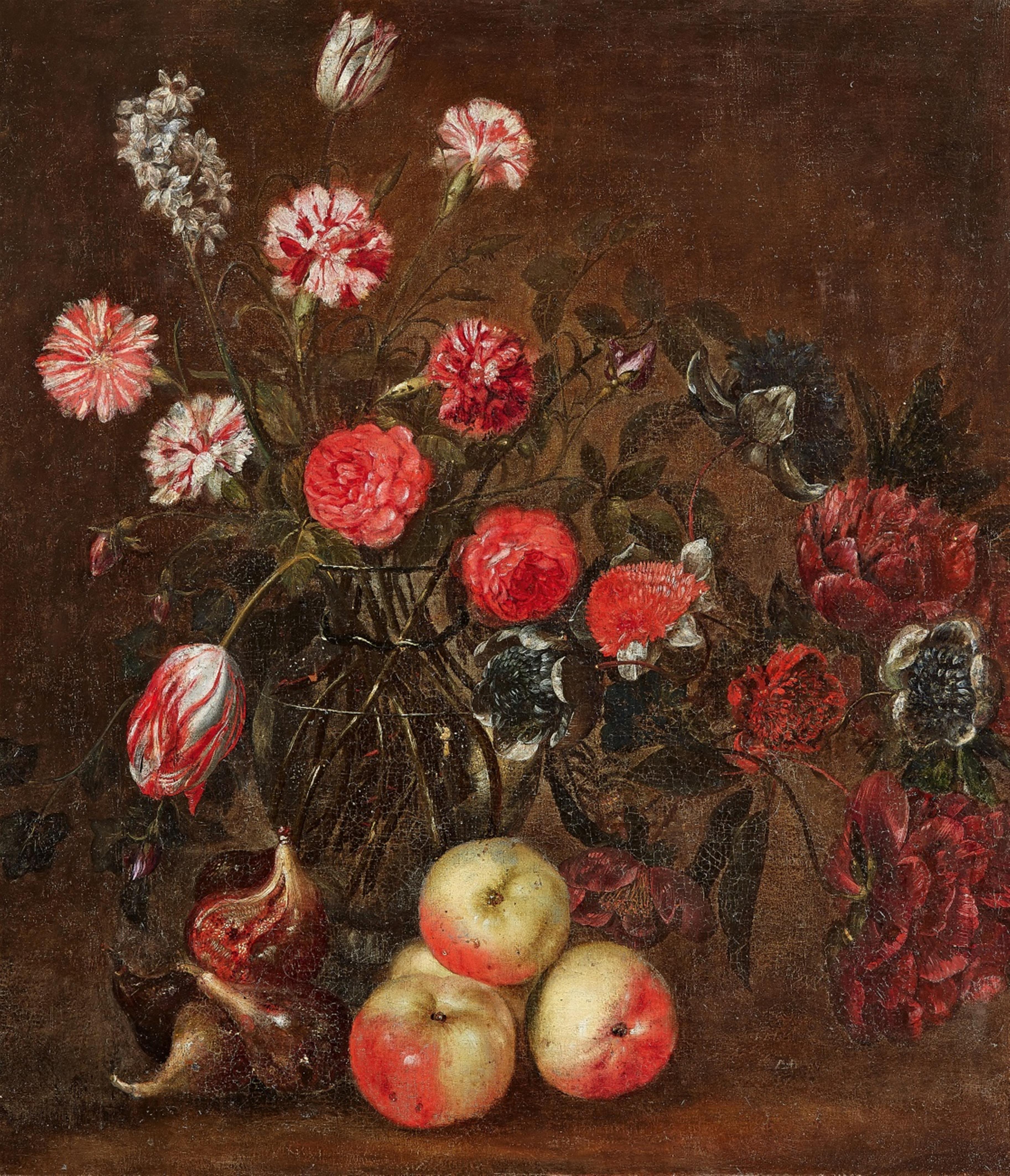 Jan Fyt, circle of - Still Life with Flowers in a Glass Vase, Apples and Figs - image-1