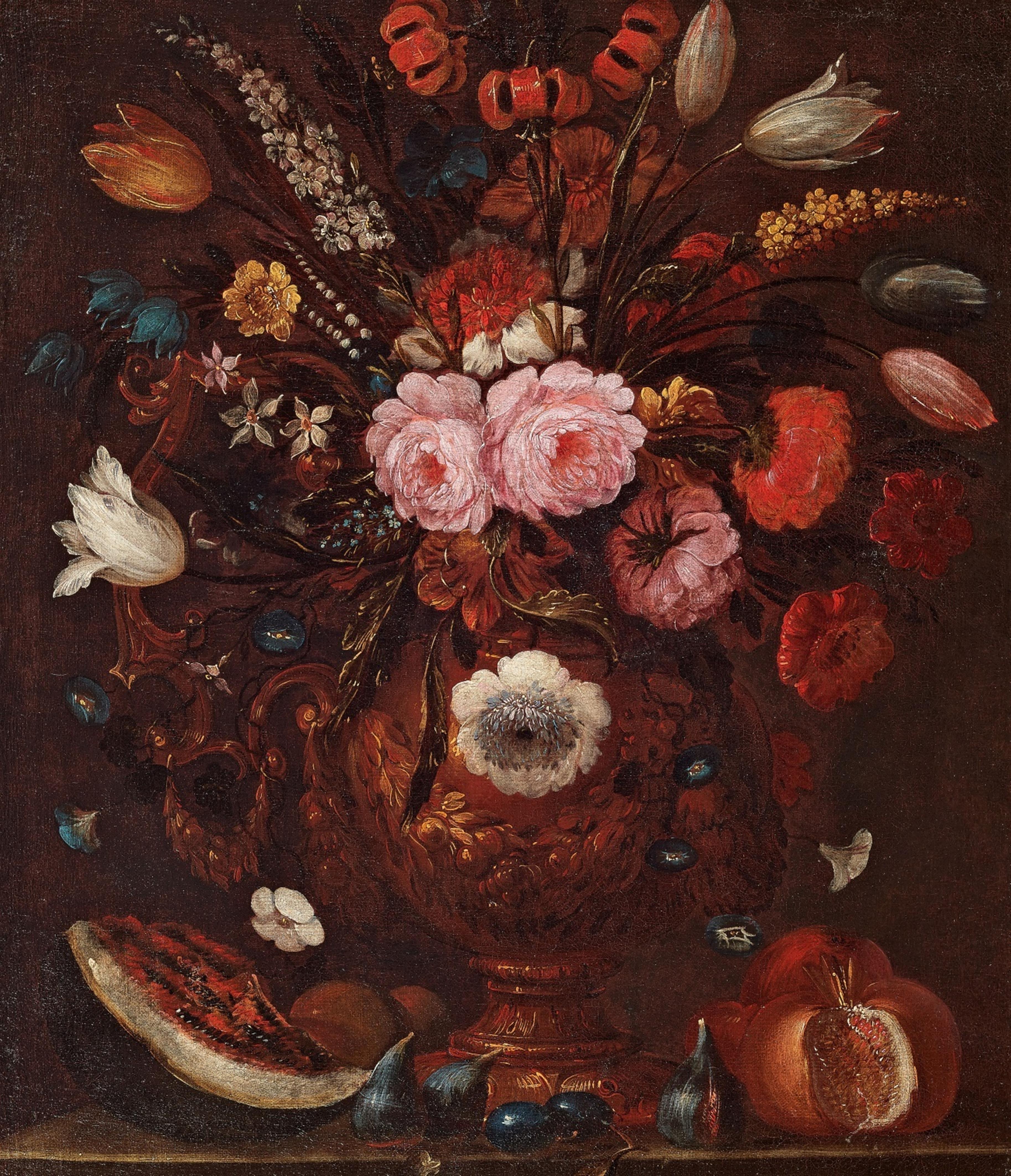 Italian School - Still Life with Flowers and Fruit - image-1