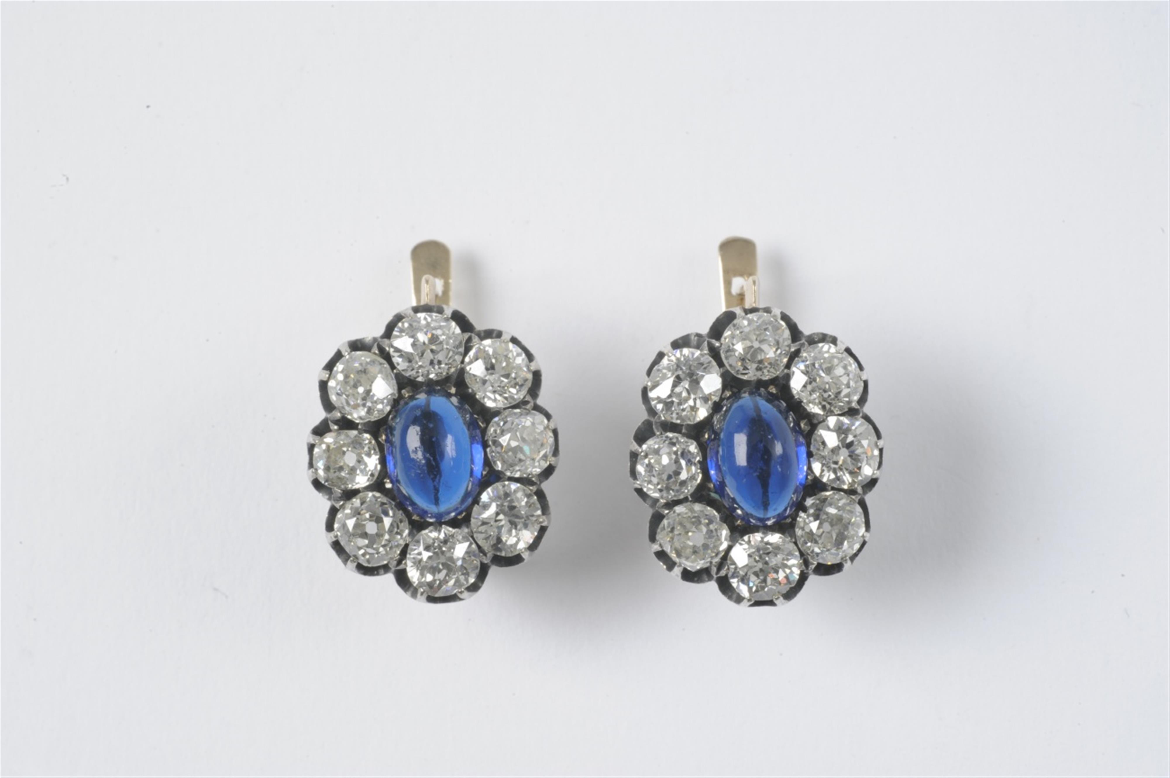 A pair of Moscow 14k red gold, blue glass and diamond cluster earrings - image-1