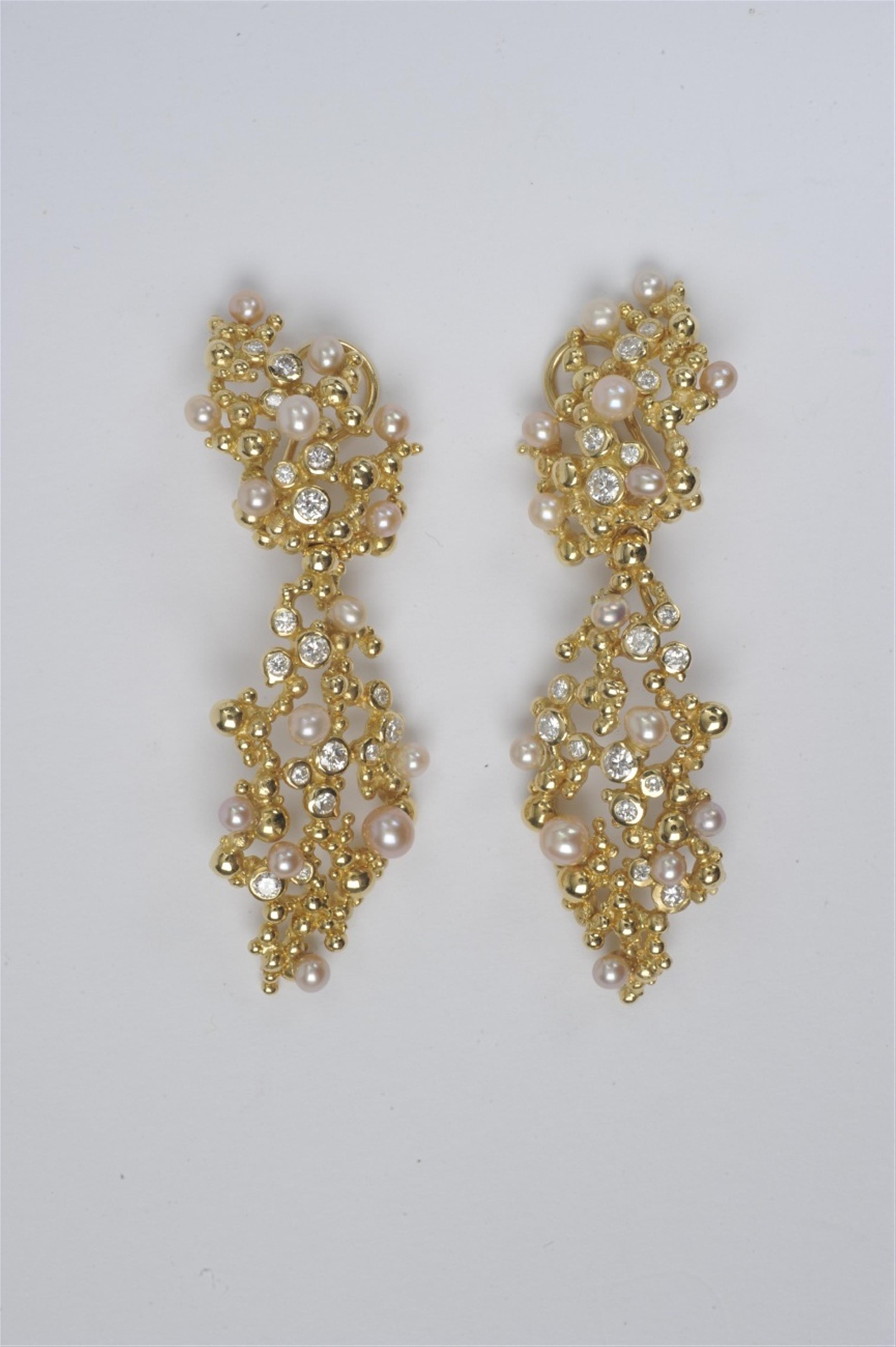 A pair of 18k gold, pearl, and diamond pendant earrings - image-1