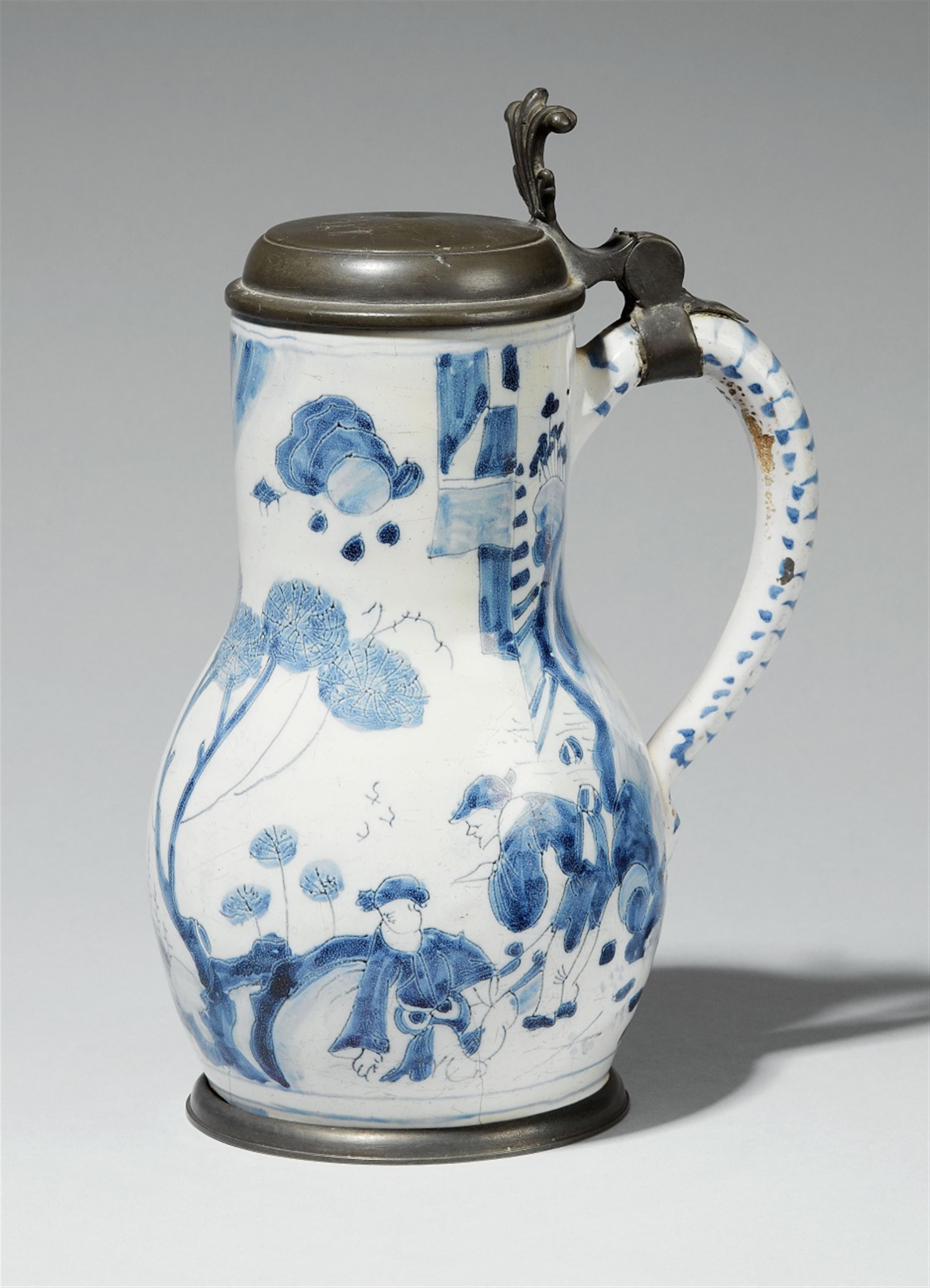 A pewter-mounted Delft faience chinoiserie pitcher - image-1