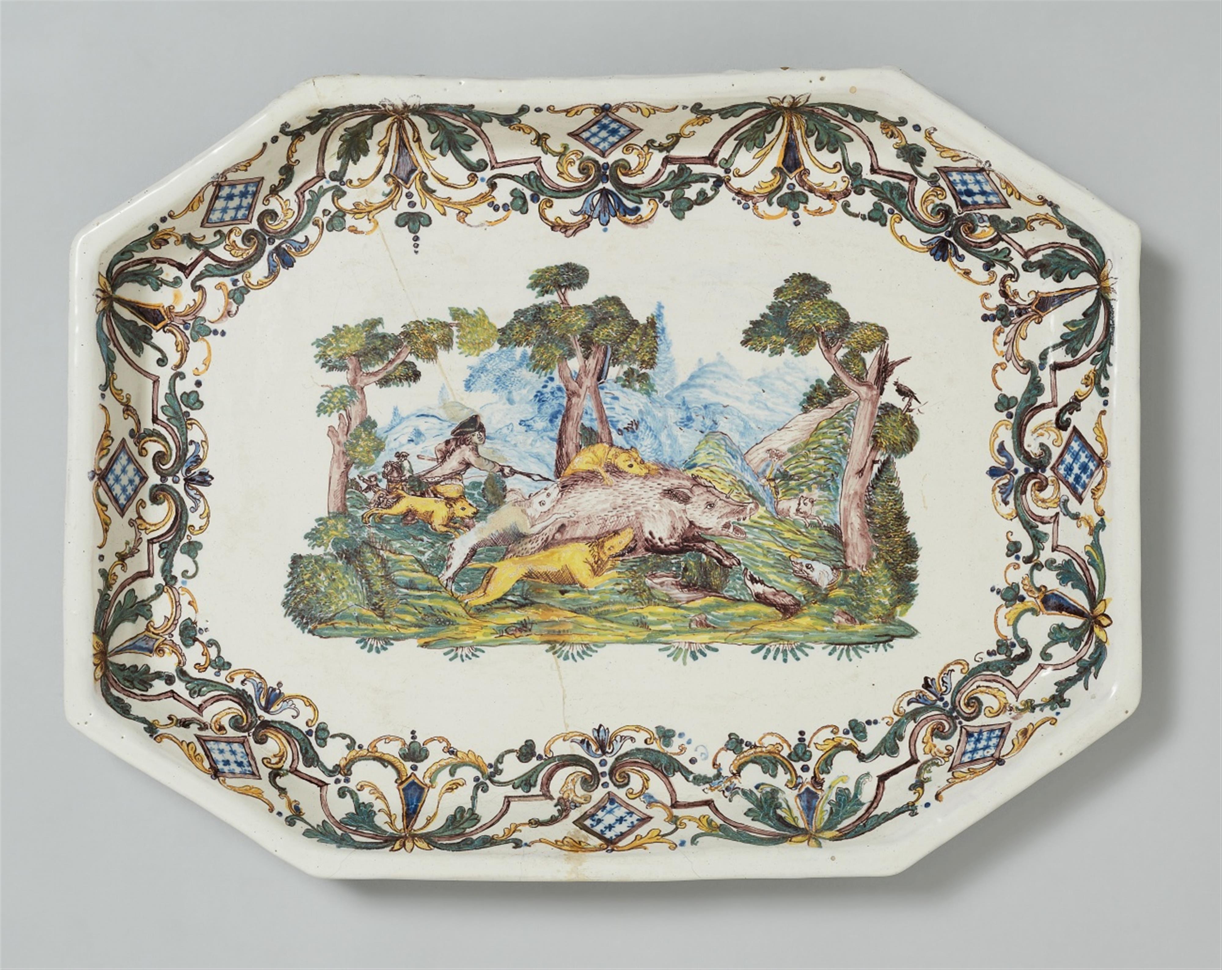 A Crailsheim attributed faience tea table top depicting a boar hunt - image-1