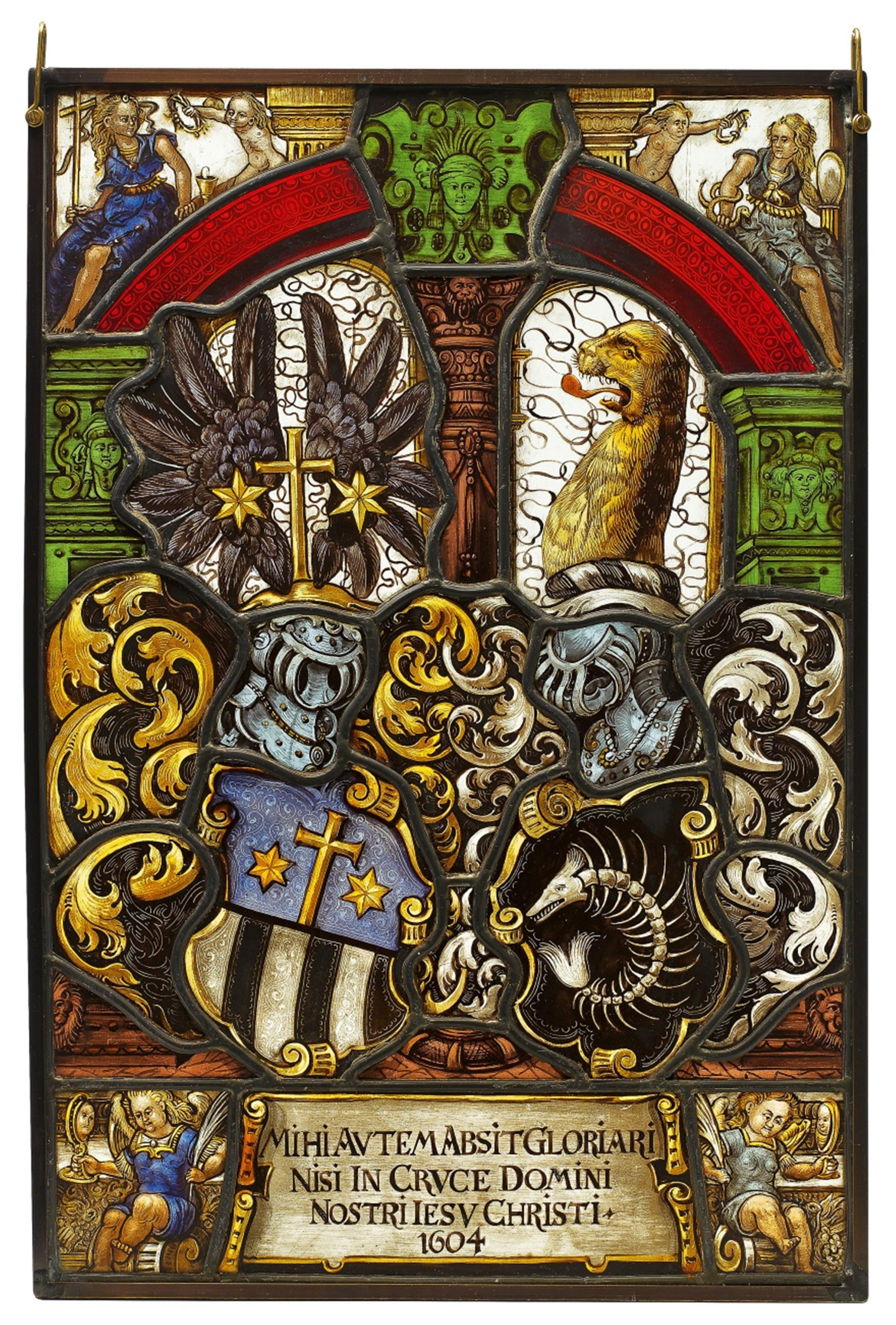 An armorial stained glass panel with allegories - image-1