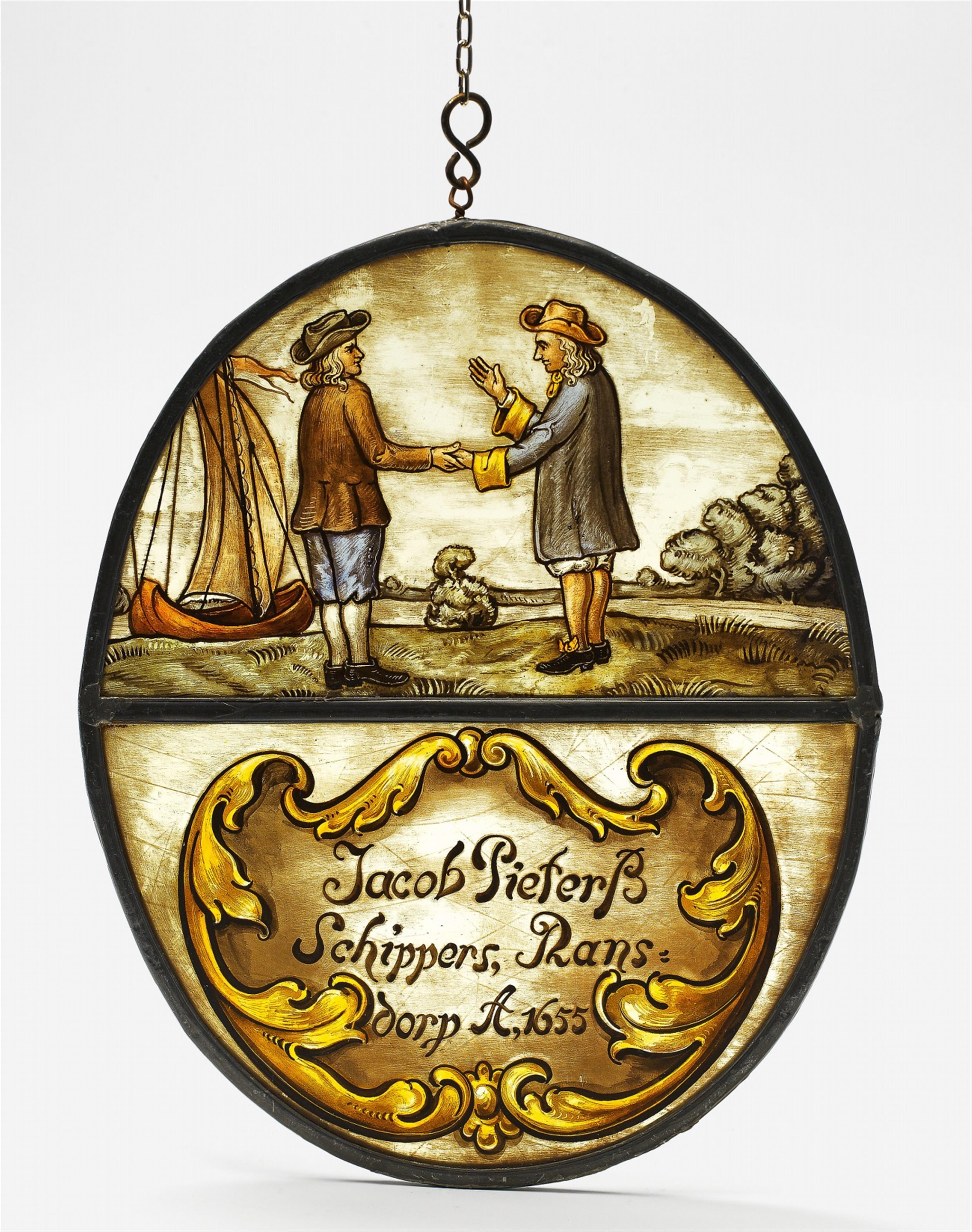A Dutch oval stained glass panel with hands - image-1