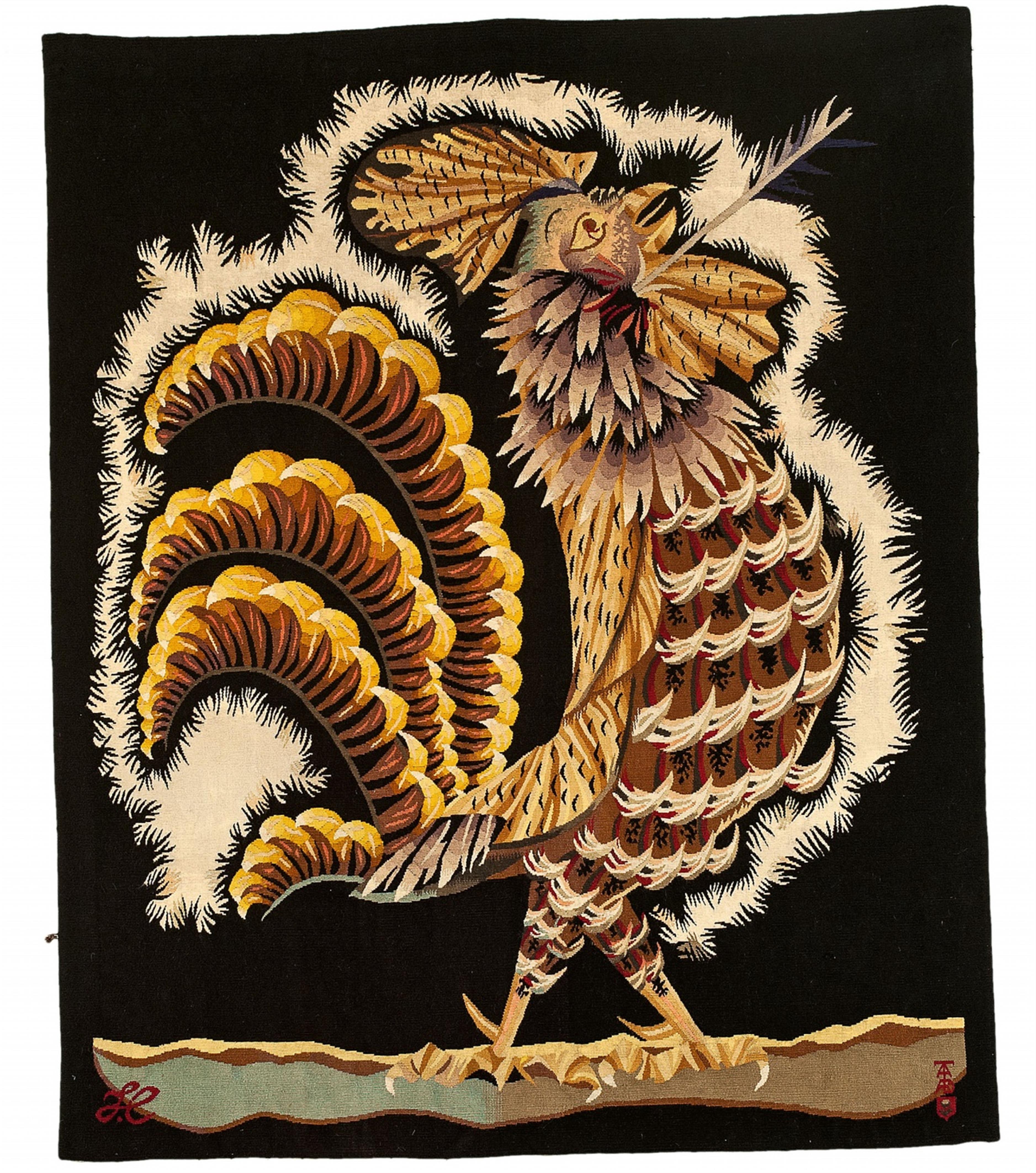 An Aubusson woolen tapestry "Le coq percé d'une flêche" - image-1