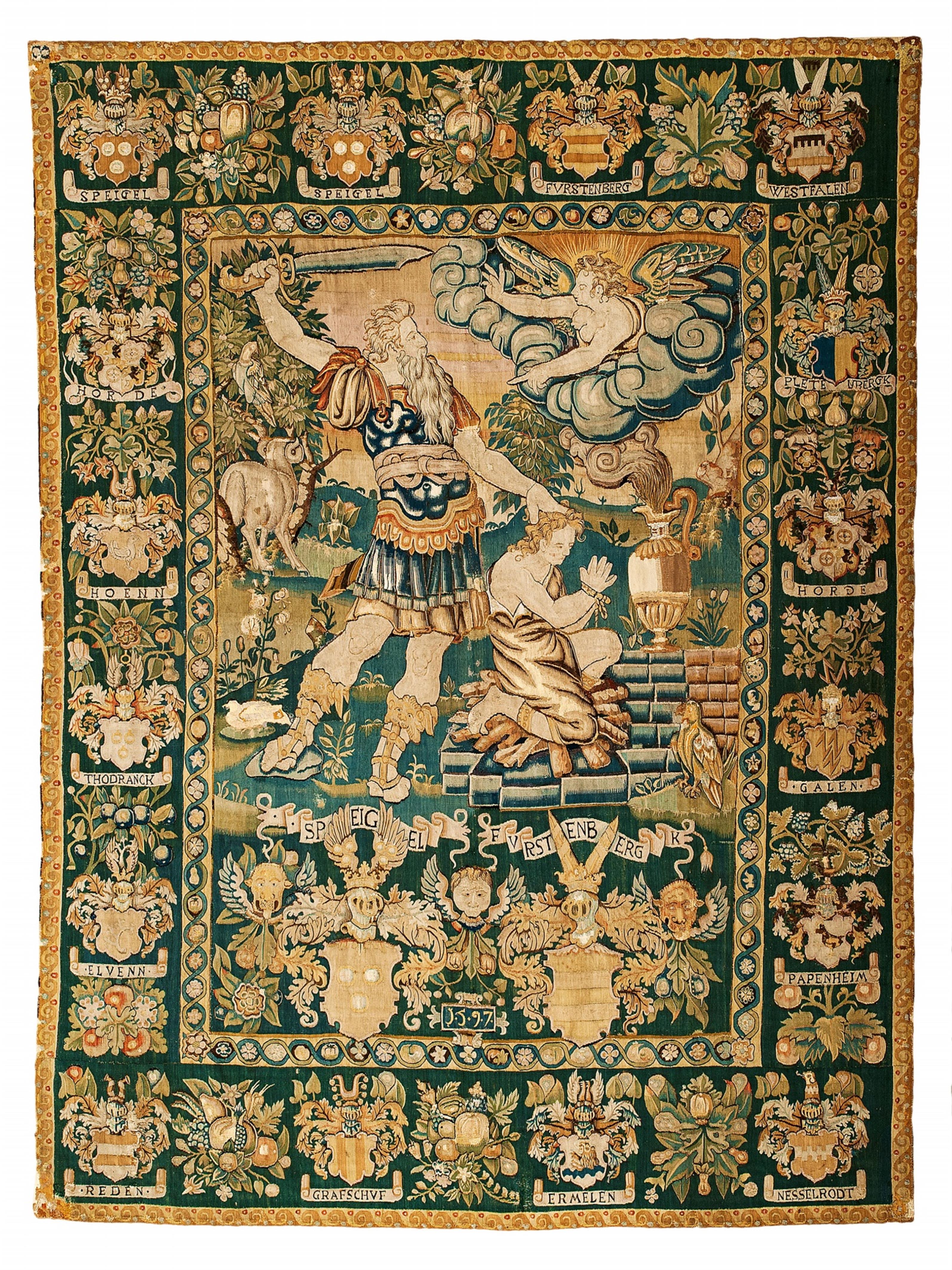 A wool, silk, and metal thread tapestry depicting the sacrifice of Abraham - image-1