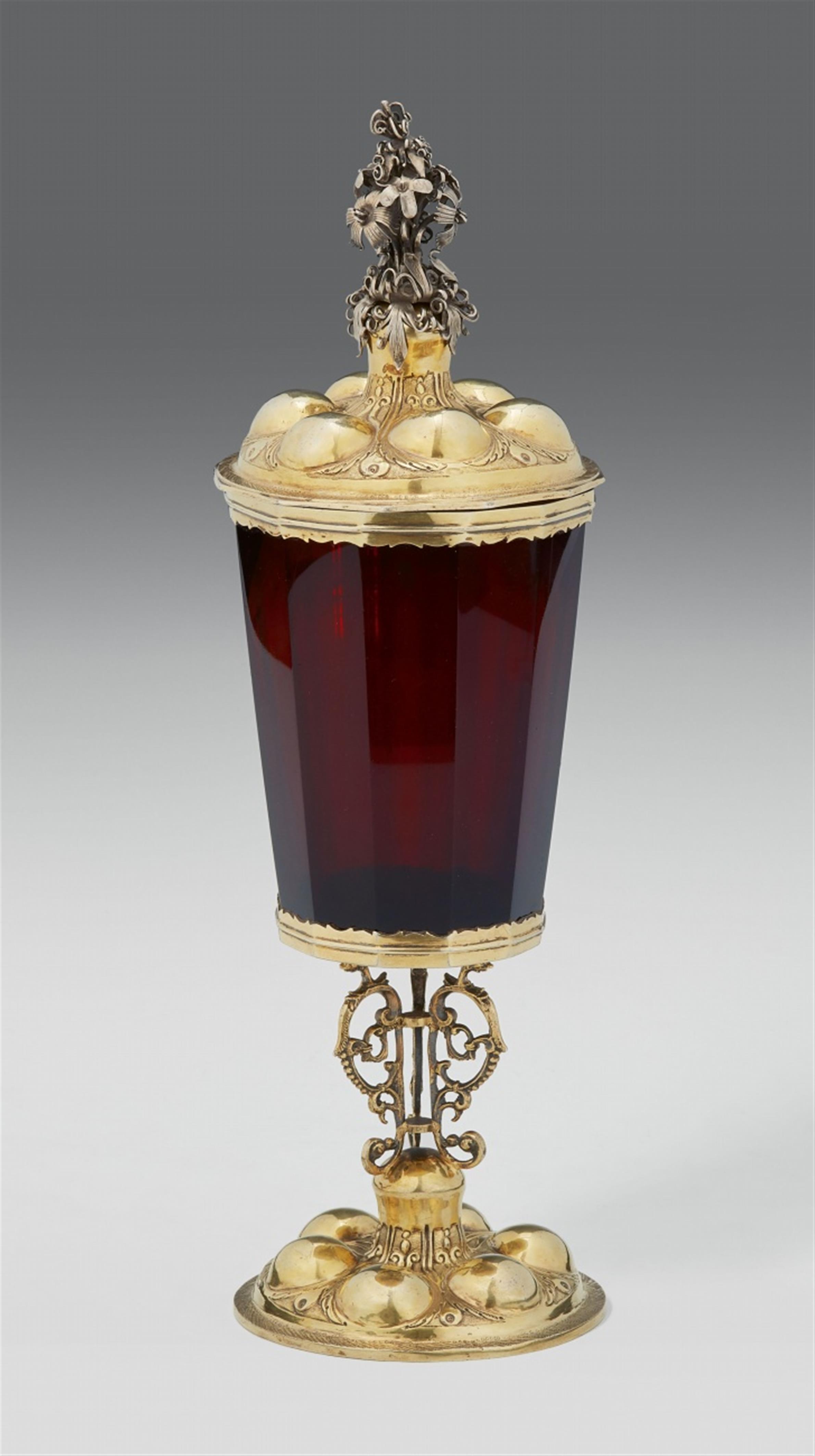 A German silver and vermeil mounted ruby glass goblet. Unmarked, late 17th C. - image-1