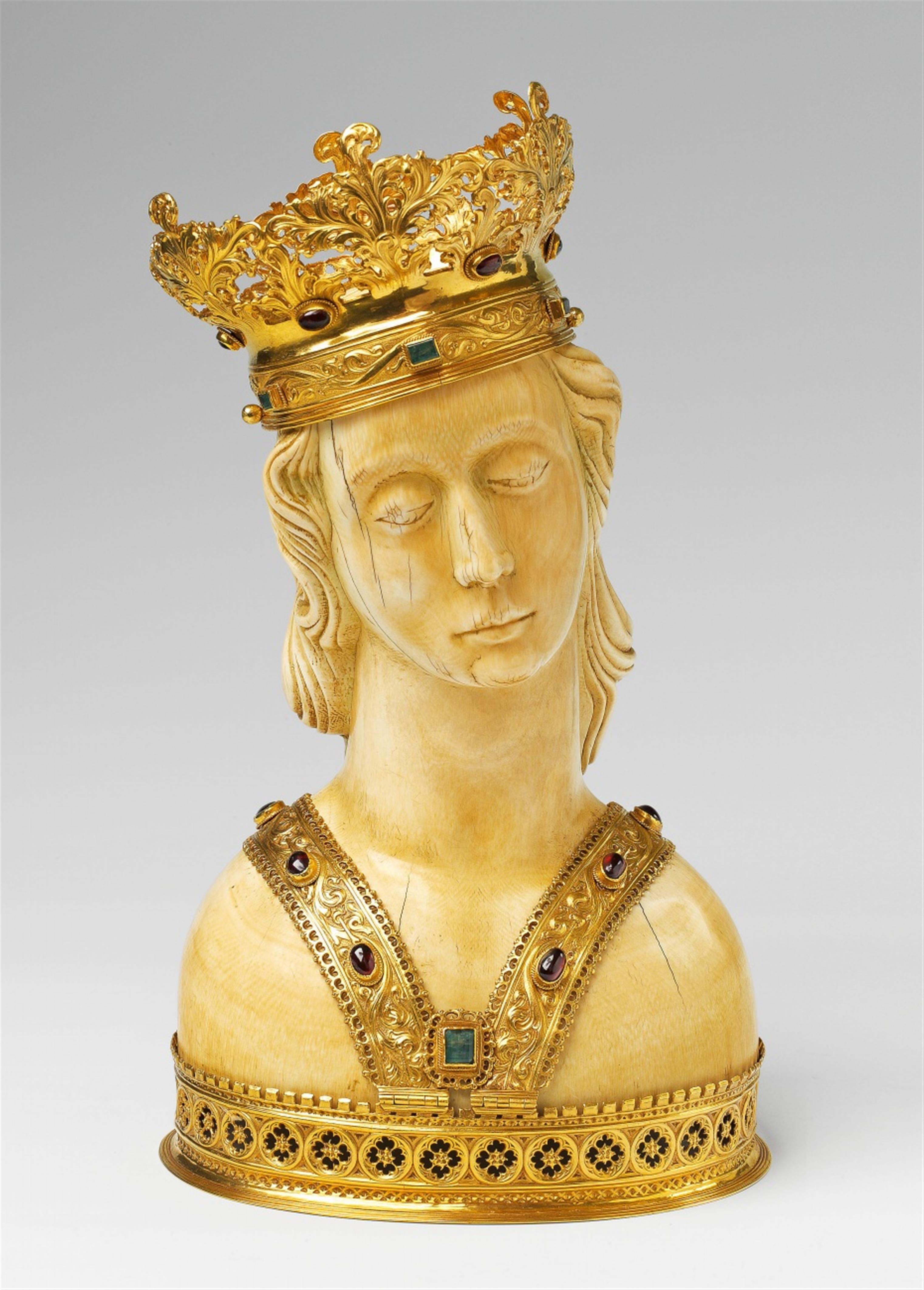 A gold-mounted carved ivory bust of Saint Ursula - image-1