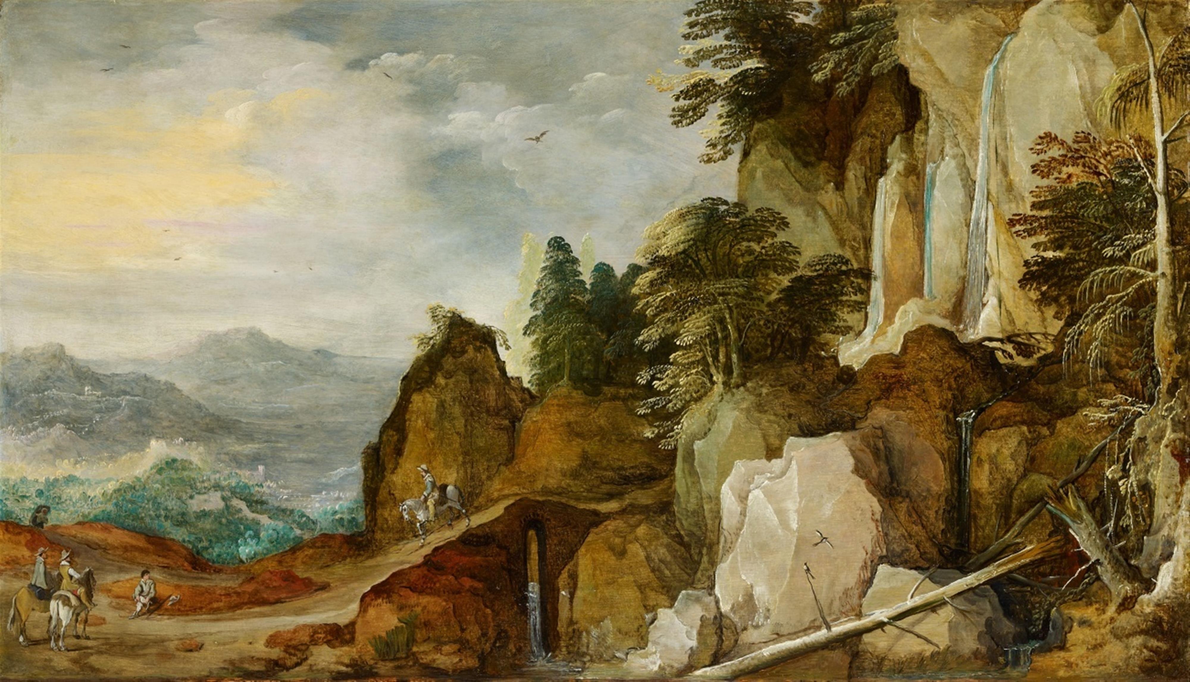 Joos de Momper - Mountainous Landscape with a Waterfall and Travellers - image-1