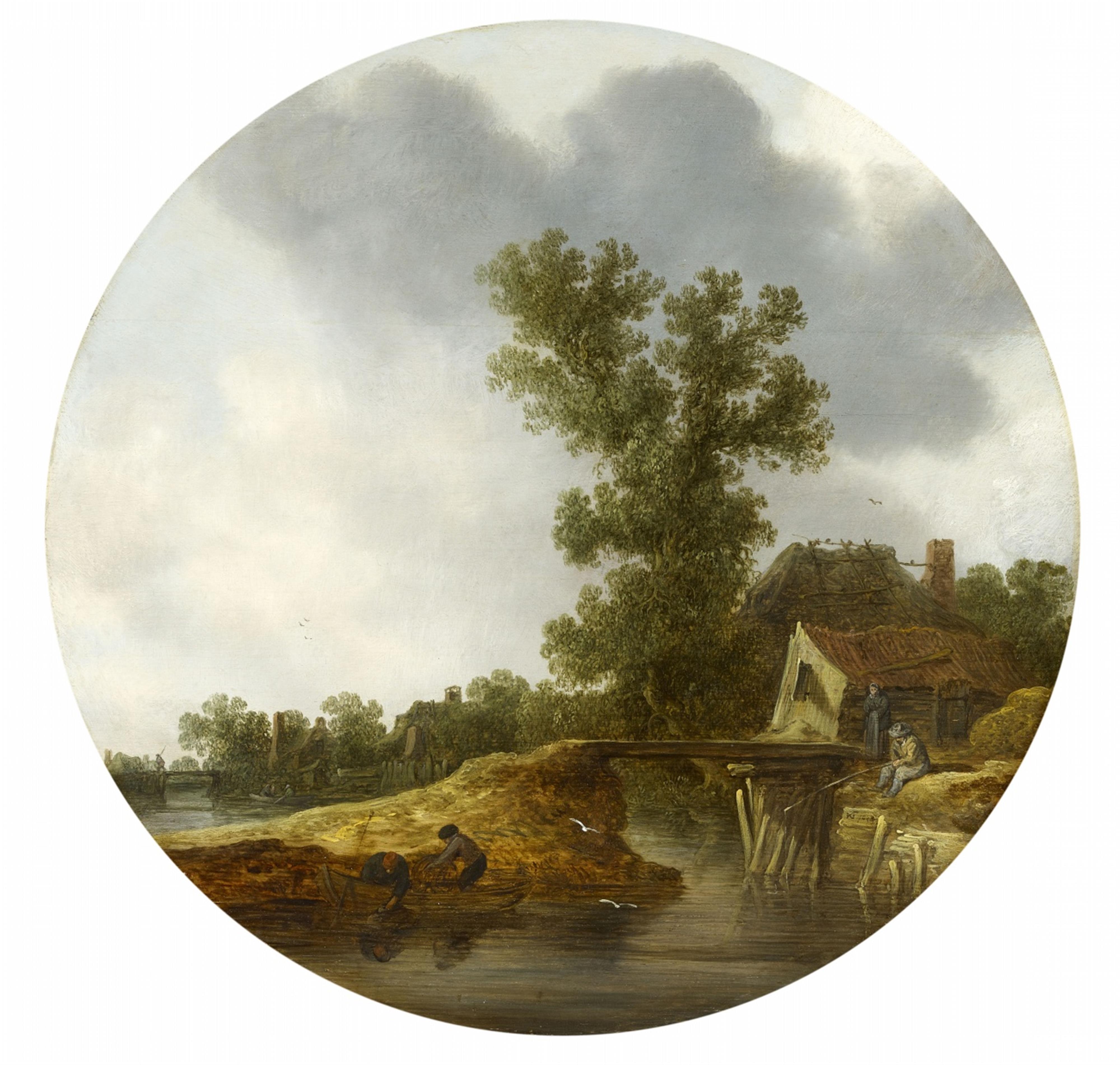 Jan van Goyen - River Landscape with Anglers and a Cottage - image-1