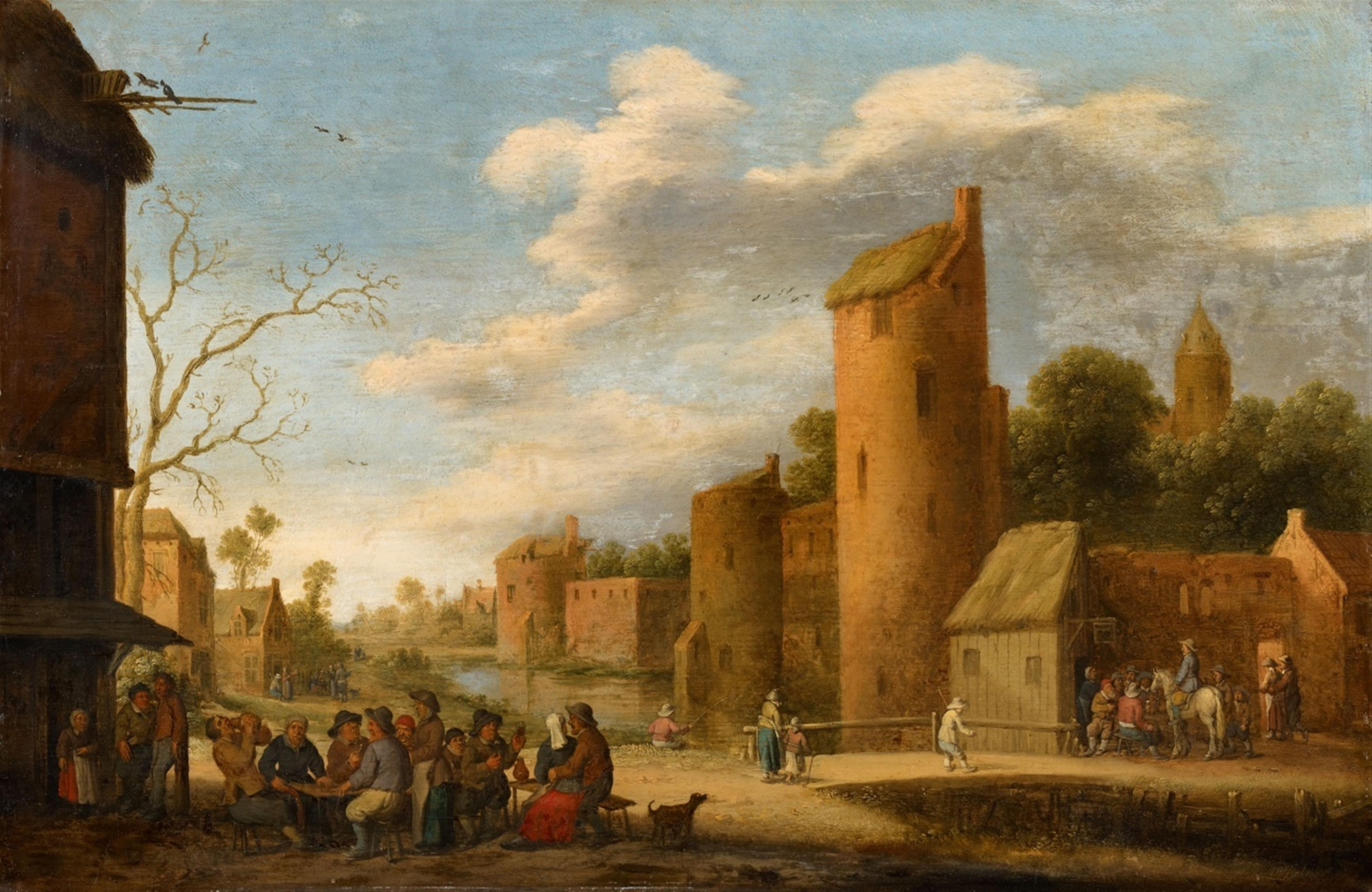 Joost Cornelisz. Droochsloot - Landscape with a Fortified Town and Peasants by a Tavern - image-1