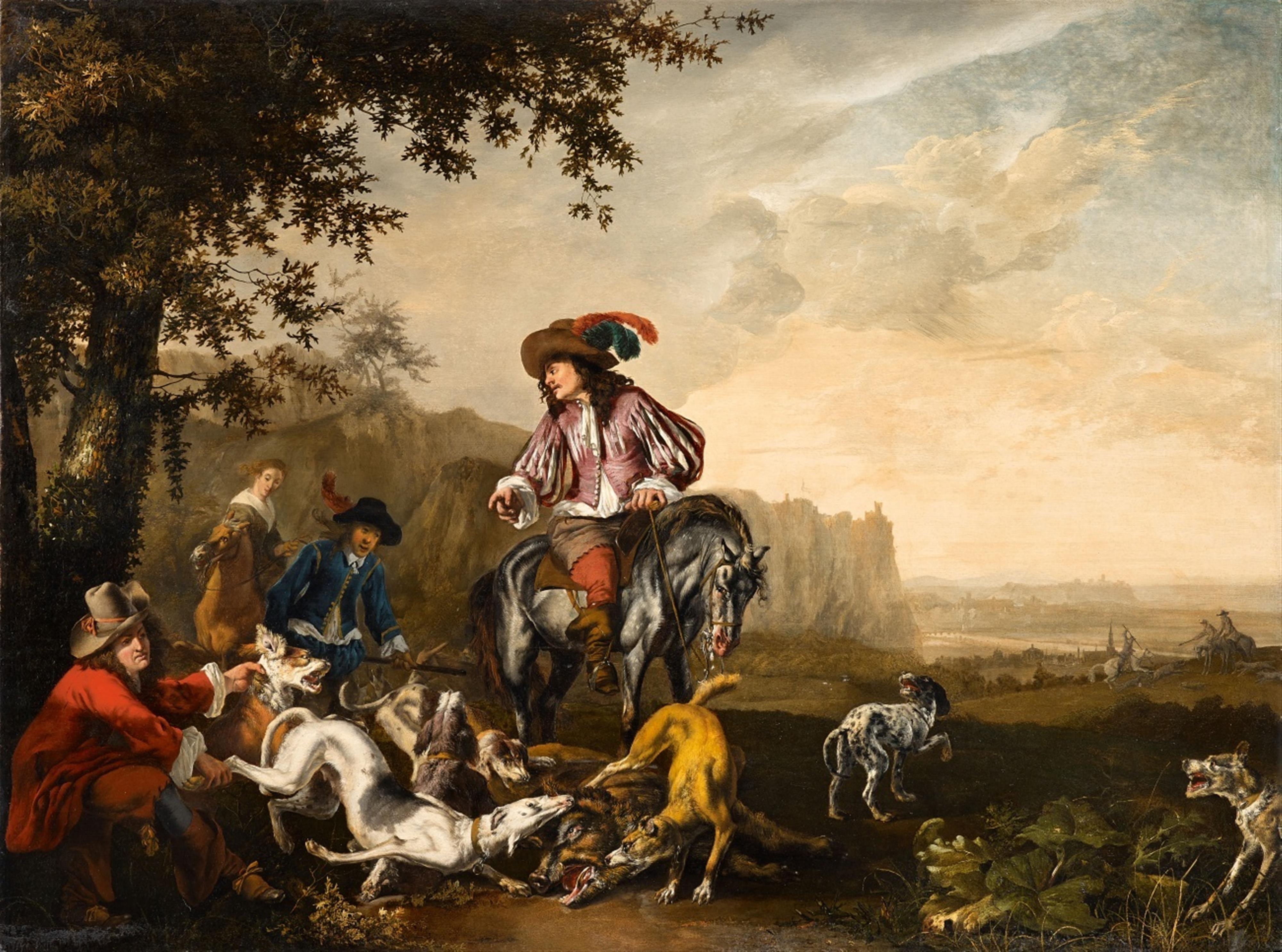 Abraham Hondius - An Italianate Landscape with an Elegant Hunting Party - image-1