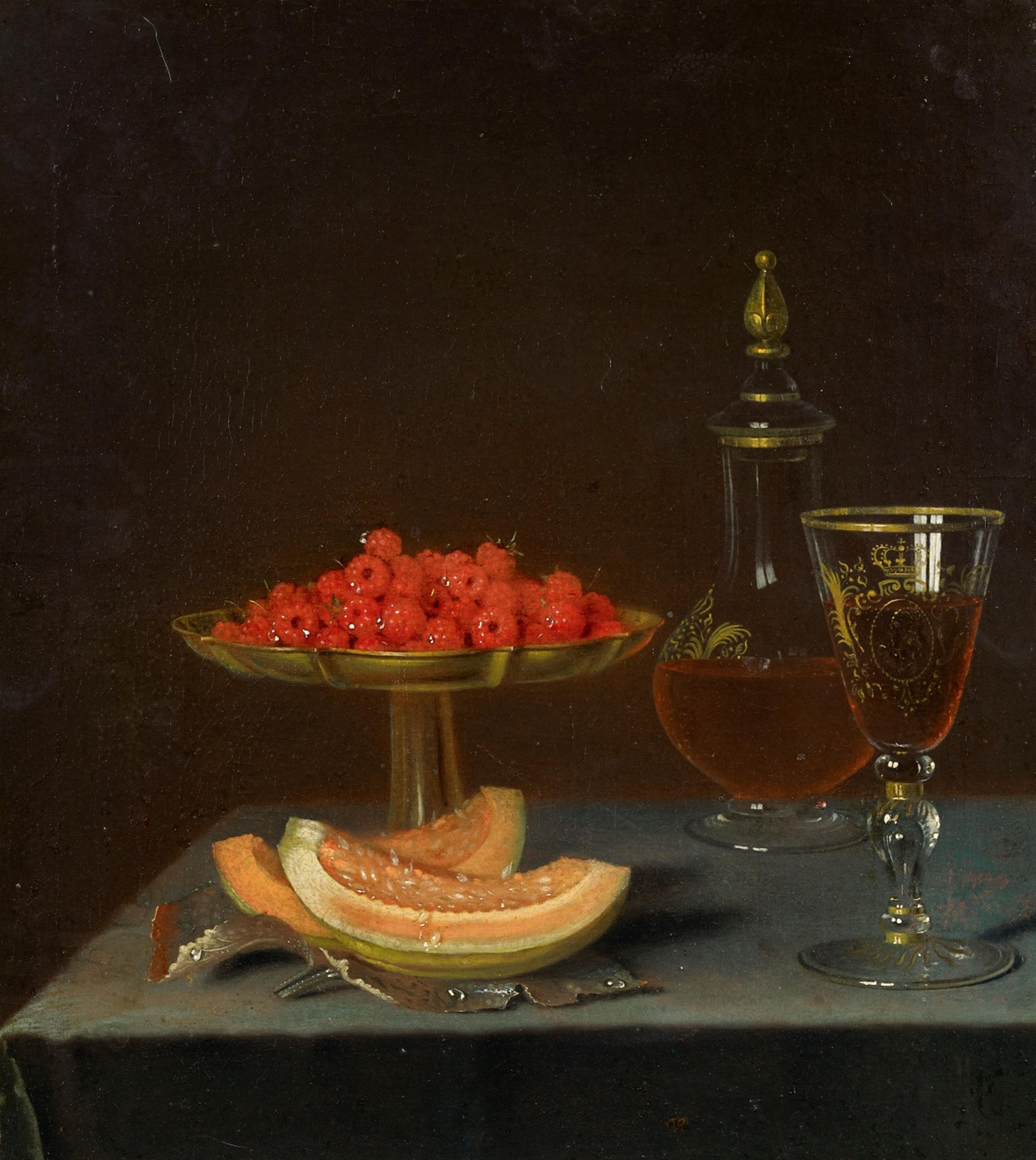 Strasbourg School circa 1700 - Still Life with Gilded Glass and Carafe, Raspberries and Melons - image-1