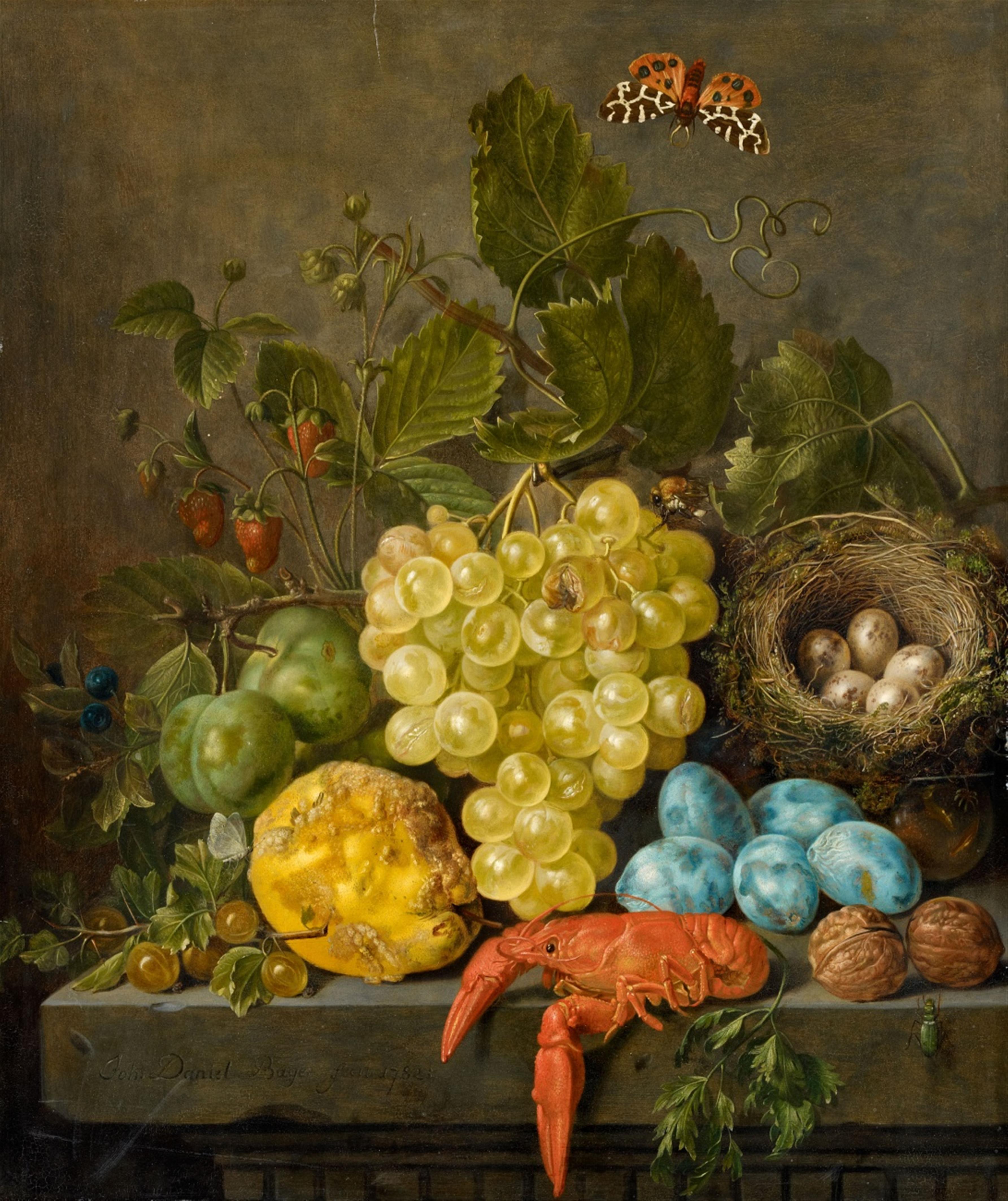 Johann Daniel Bager - Still Life with Fruit, Crab, Insects and a Bird's Nest on a Stone Table - image-1