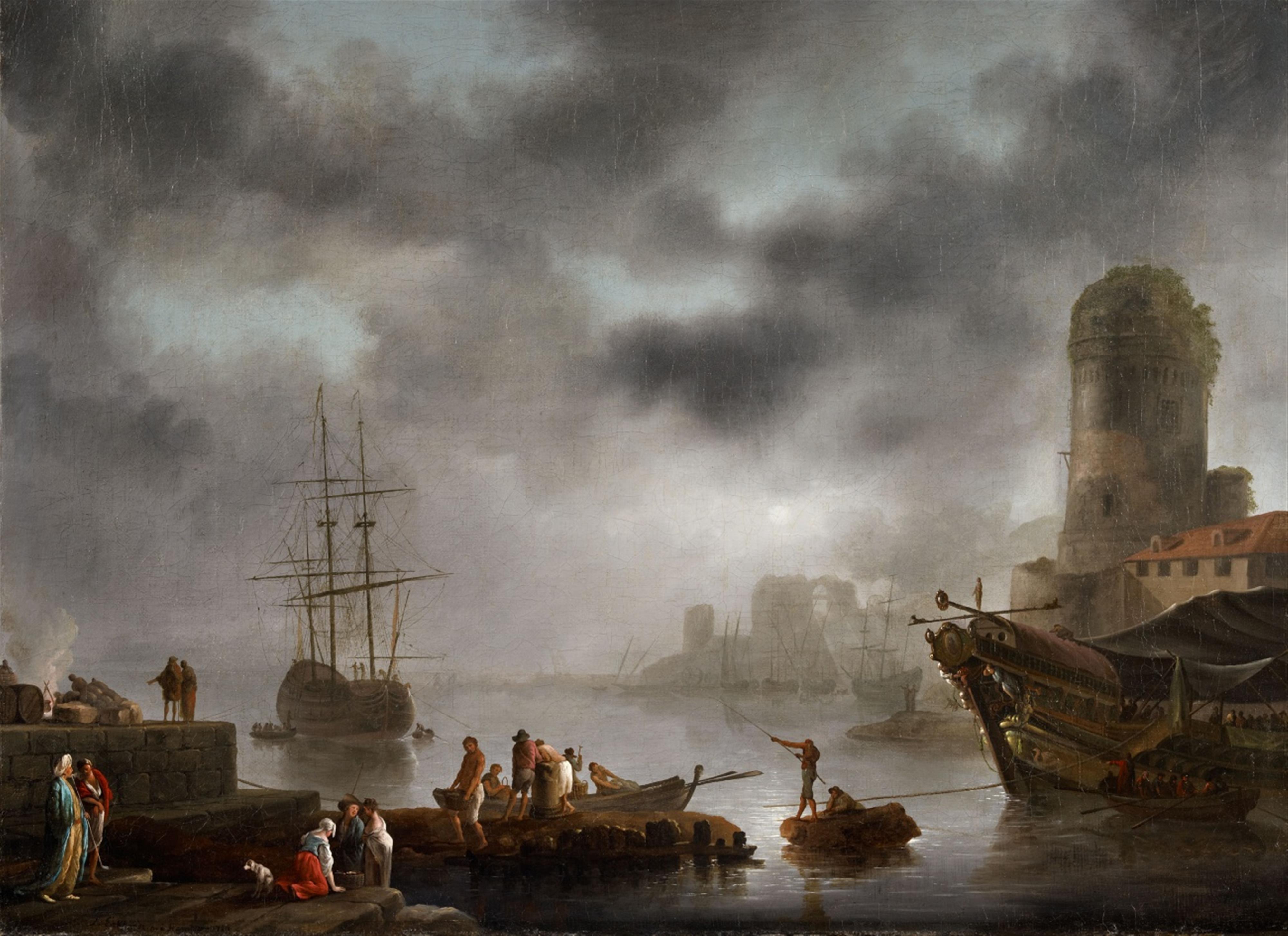 Georg Ludwig Eckhardt - View of a Harbour by Moonlight - image-1