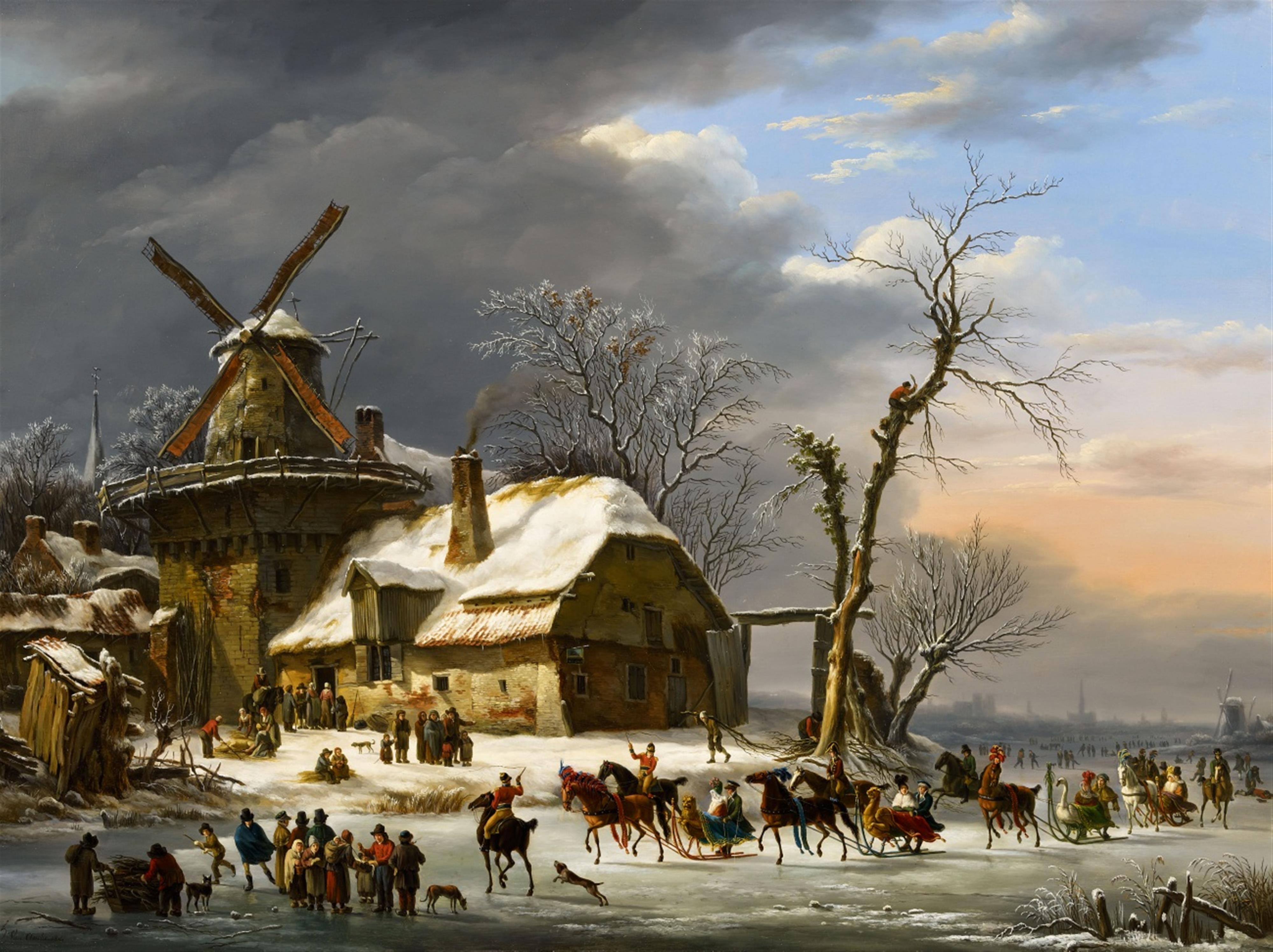 Henri van Assche - Winterliches Treiben auf einem zugefrorenen Fluss vor einer Windmühle - image-1