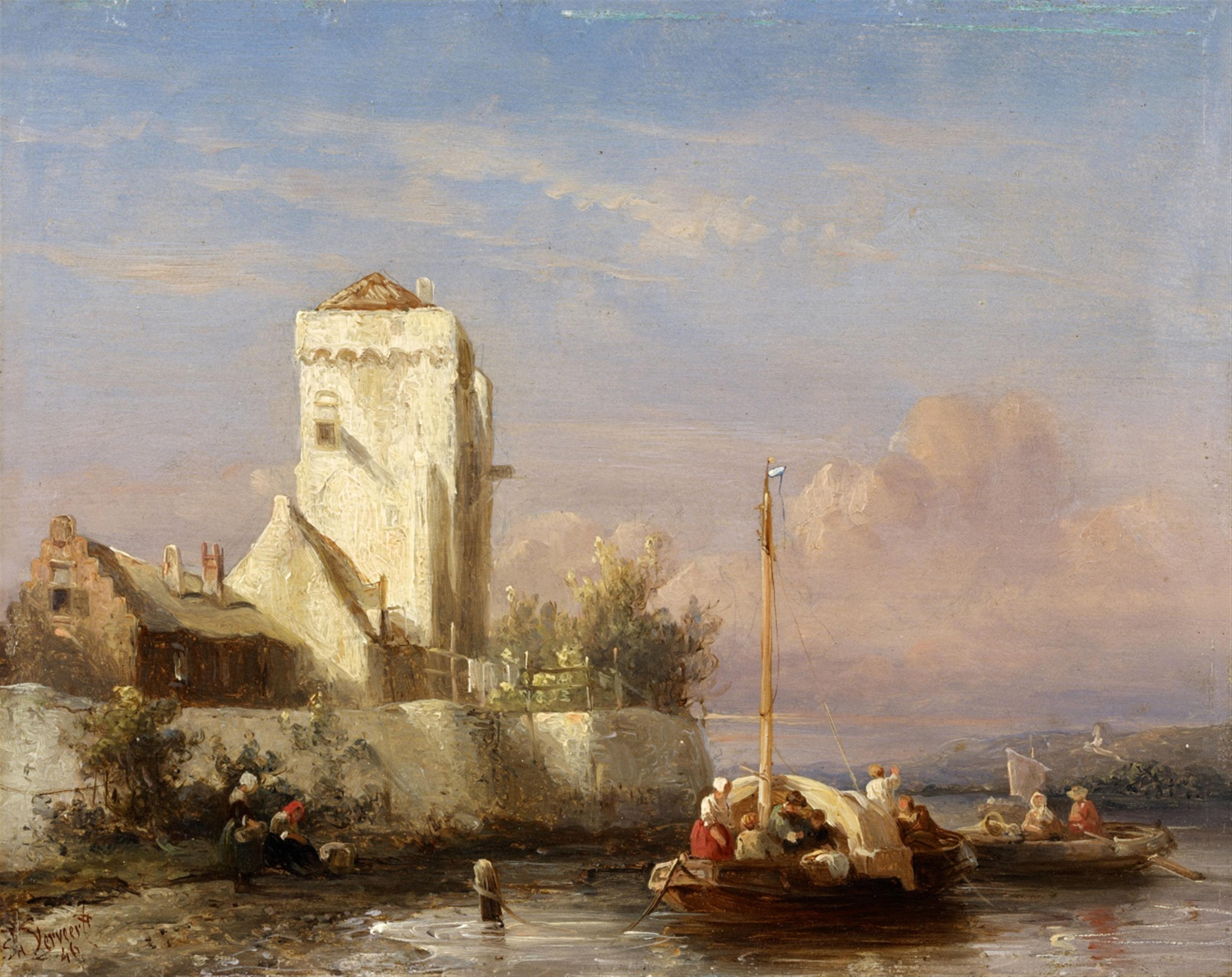 Salomon Leonardus Verveer - River Landscape with Boats - image-1