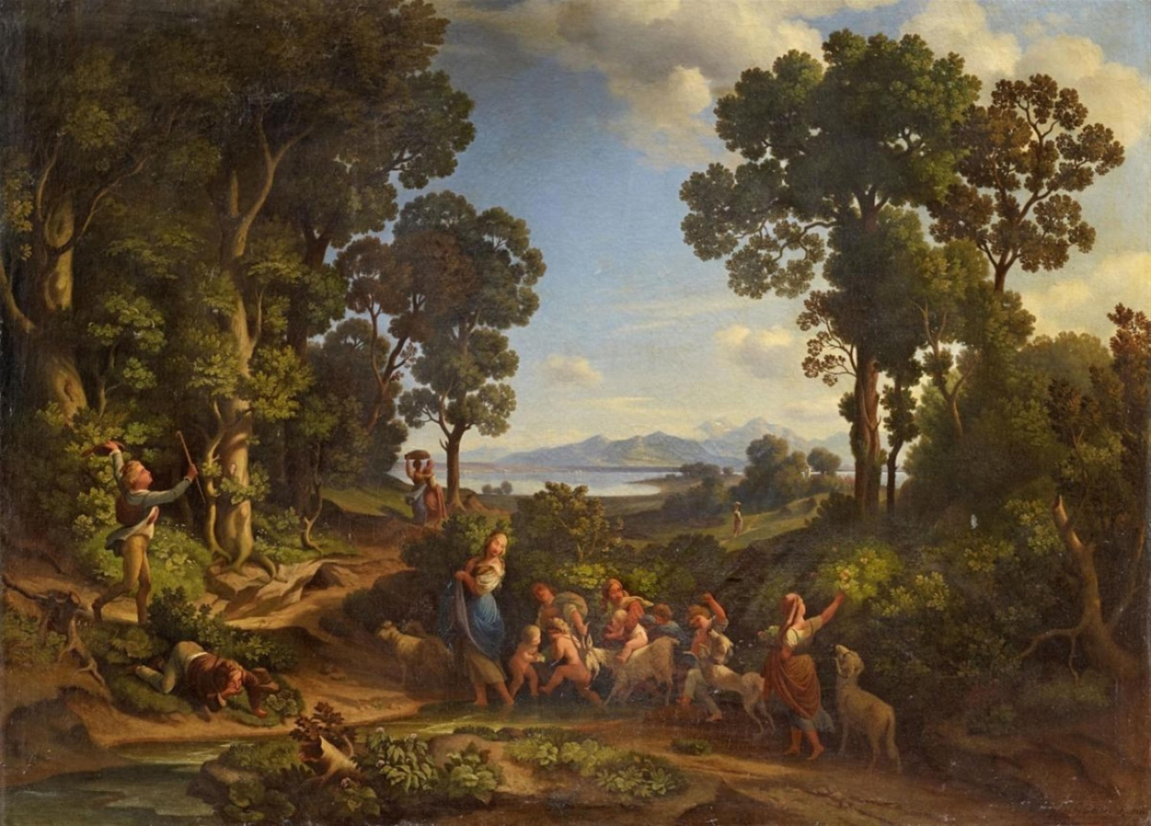 Heinrich Friedrich Johann Gärtner - Italian Landscape with Shepherdesses, Children and Goats - image-1