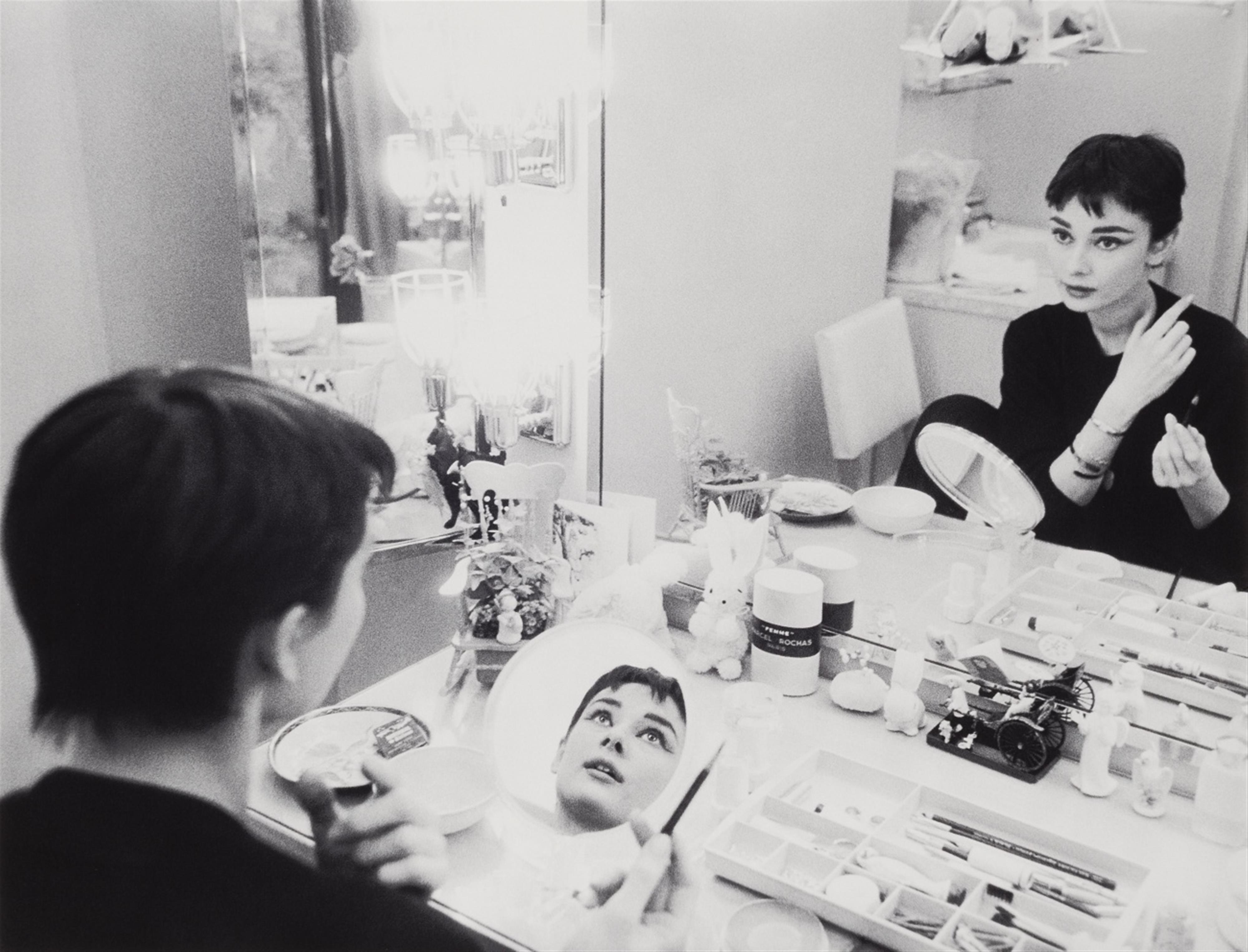 Mark Shaw - Audrey Hepburn at Make Up Table in Two Mirrors (for 'Mademoiselle') - image-1