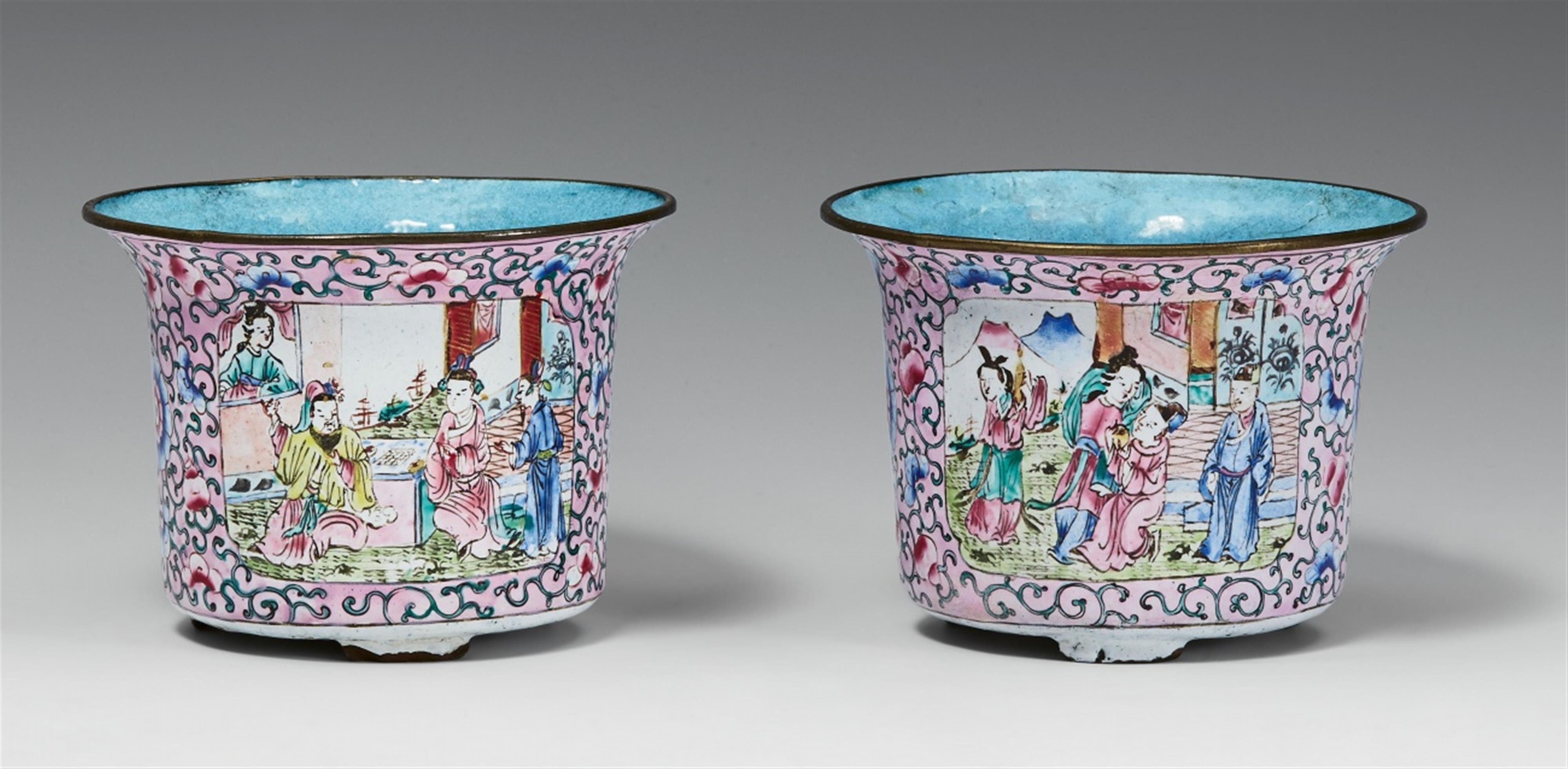 Two small painted enamel on copper jardinières. Late19th/early 20th century - image-1