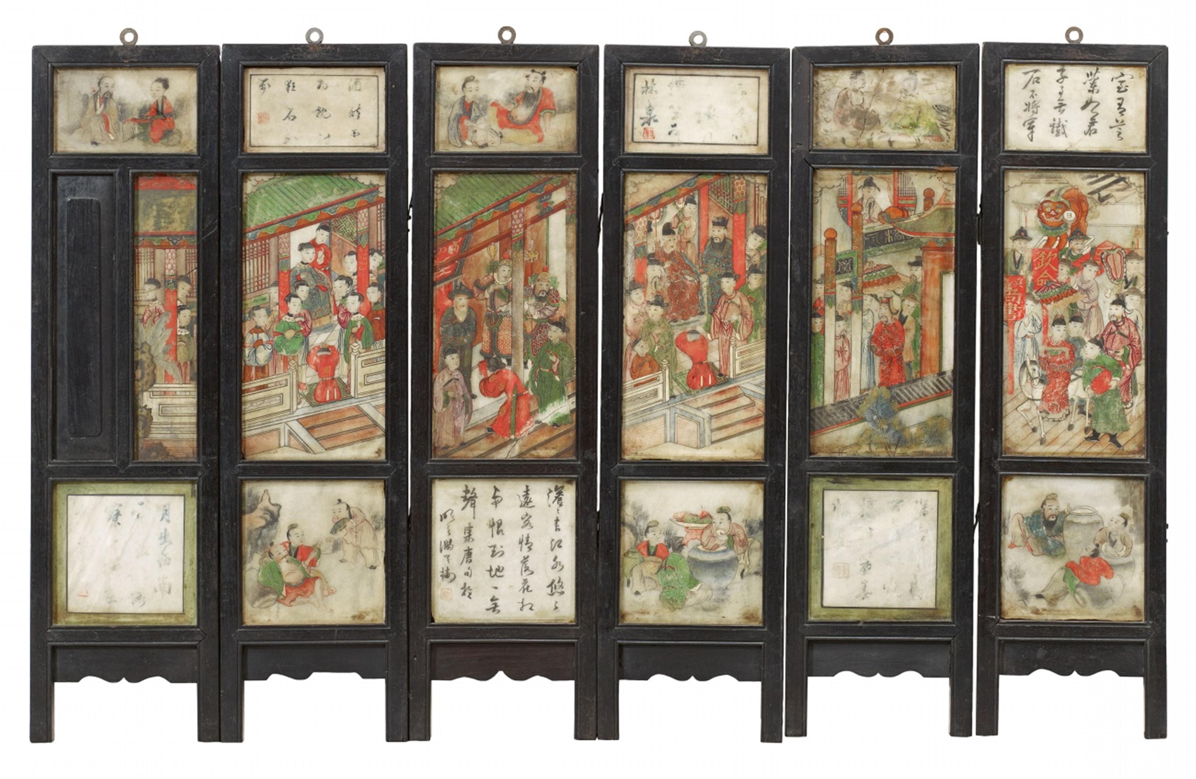 Six panels of a hardwood and painted soapstone tabletop screen. Late 19th century - image-1