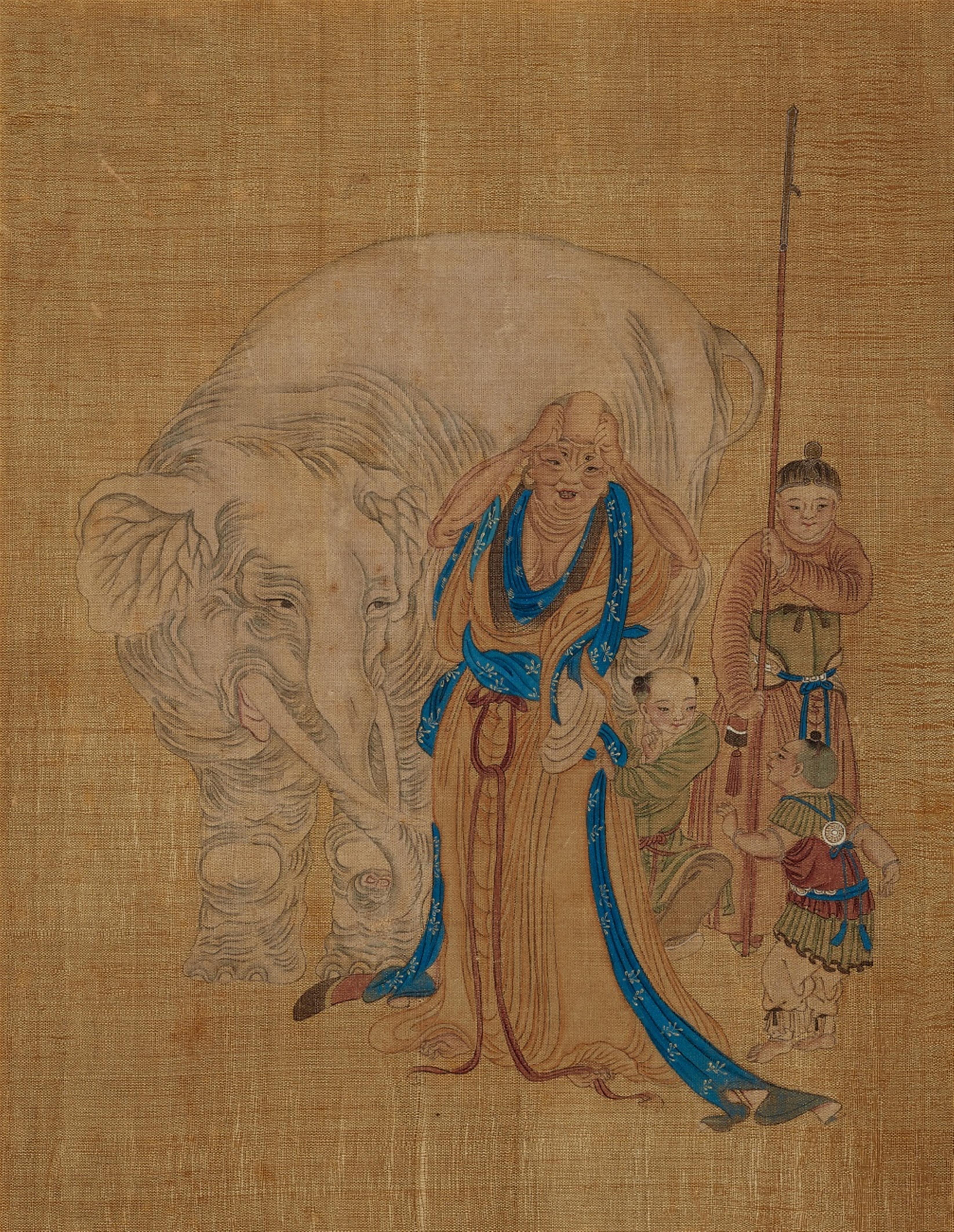 Anonymous painter . Qing dynasty - Seven album leaves depicting luohans with different animals. Ink and colour on silk. Qing dynasty. (7) - image-1
