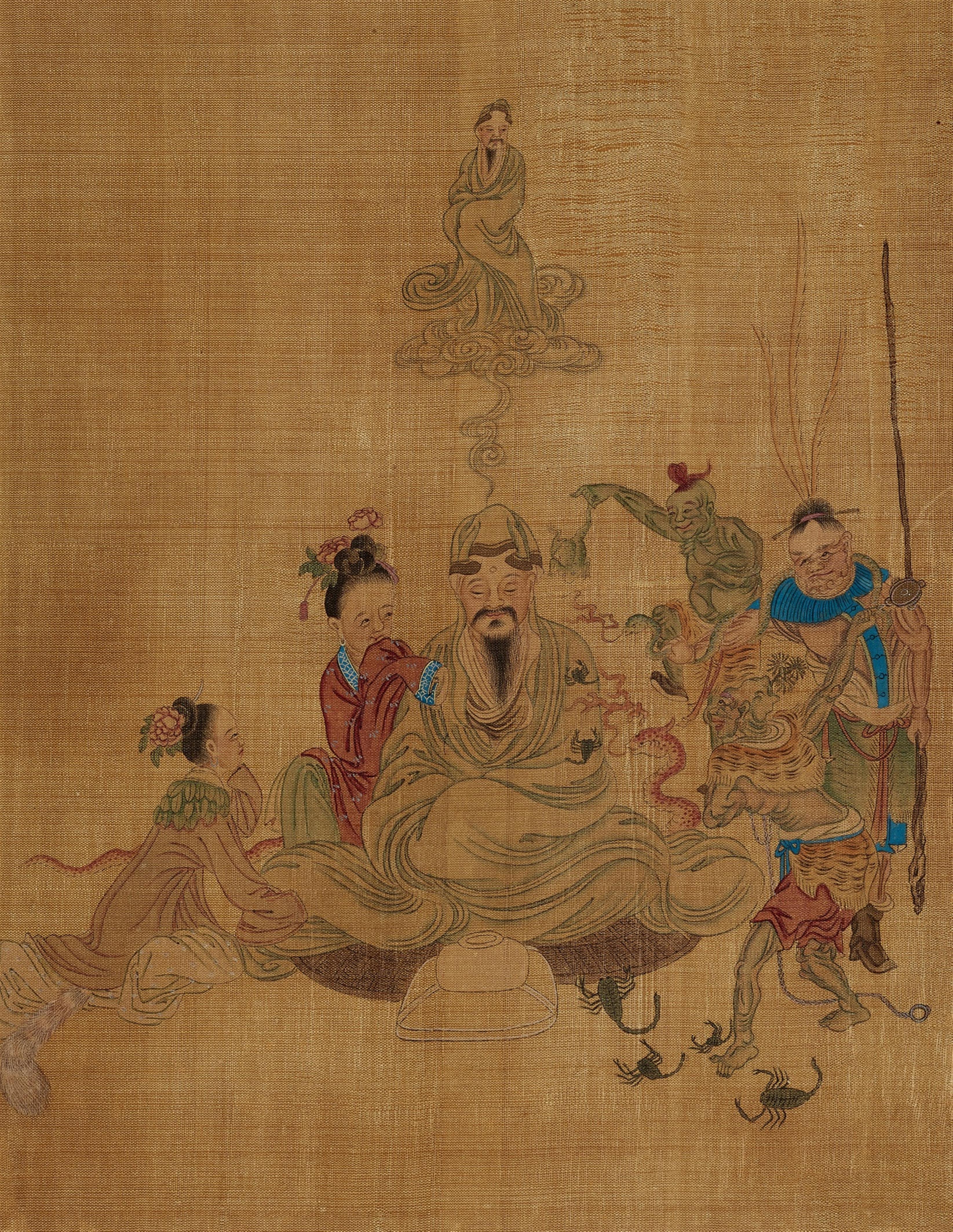 Anonymous painter . Qing dynasty - Seven album leaves depicting luohans with different animals. Ink and colour on silk. Qing dynasty. (7) - image-4