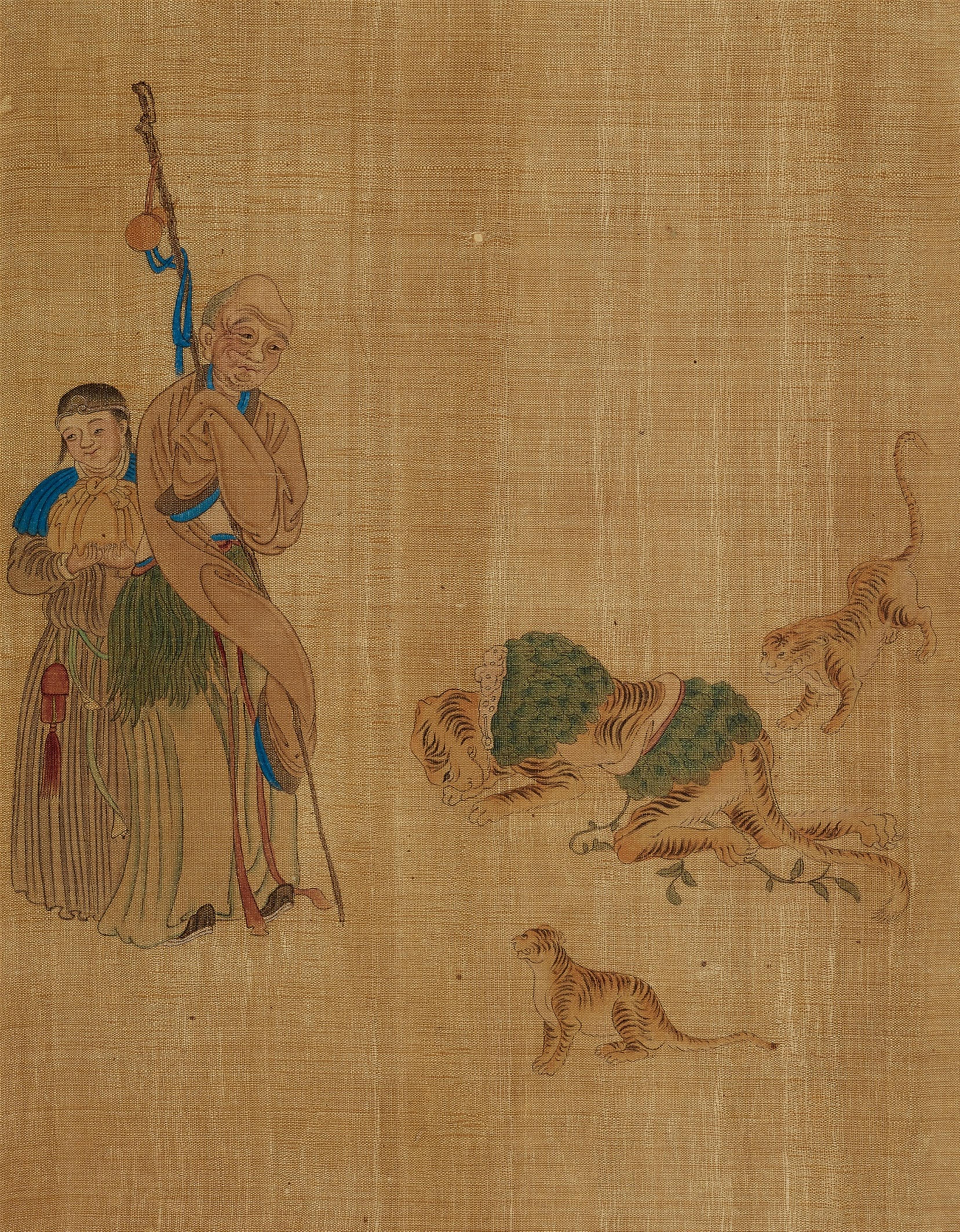 Anonymous painter . Qing dynasty - Seven album leaves depicting luohans with different animals. Ink and colour on silk. Qing dynasty. (7) - image-7