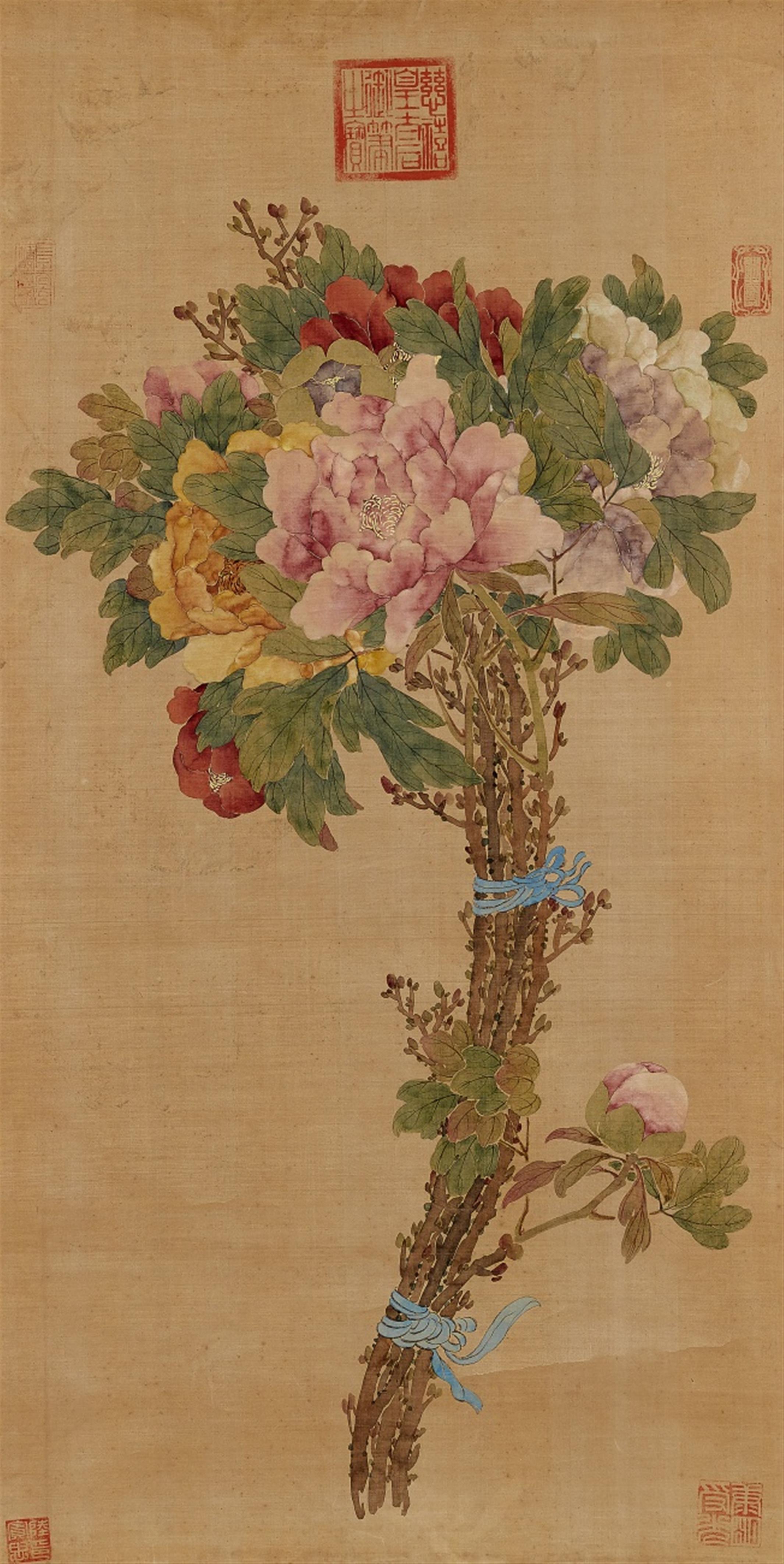 Empress Dowager Cixi, attributed to. Late Qing - An unsigned painting attributed to Empress Dowager Cixi, depicting a bouquet of peonies. Hanging scroll. Ink and colour on silk. Sealed Cixi huang taihou yu bi zhi bao, yu shang... - image-1