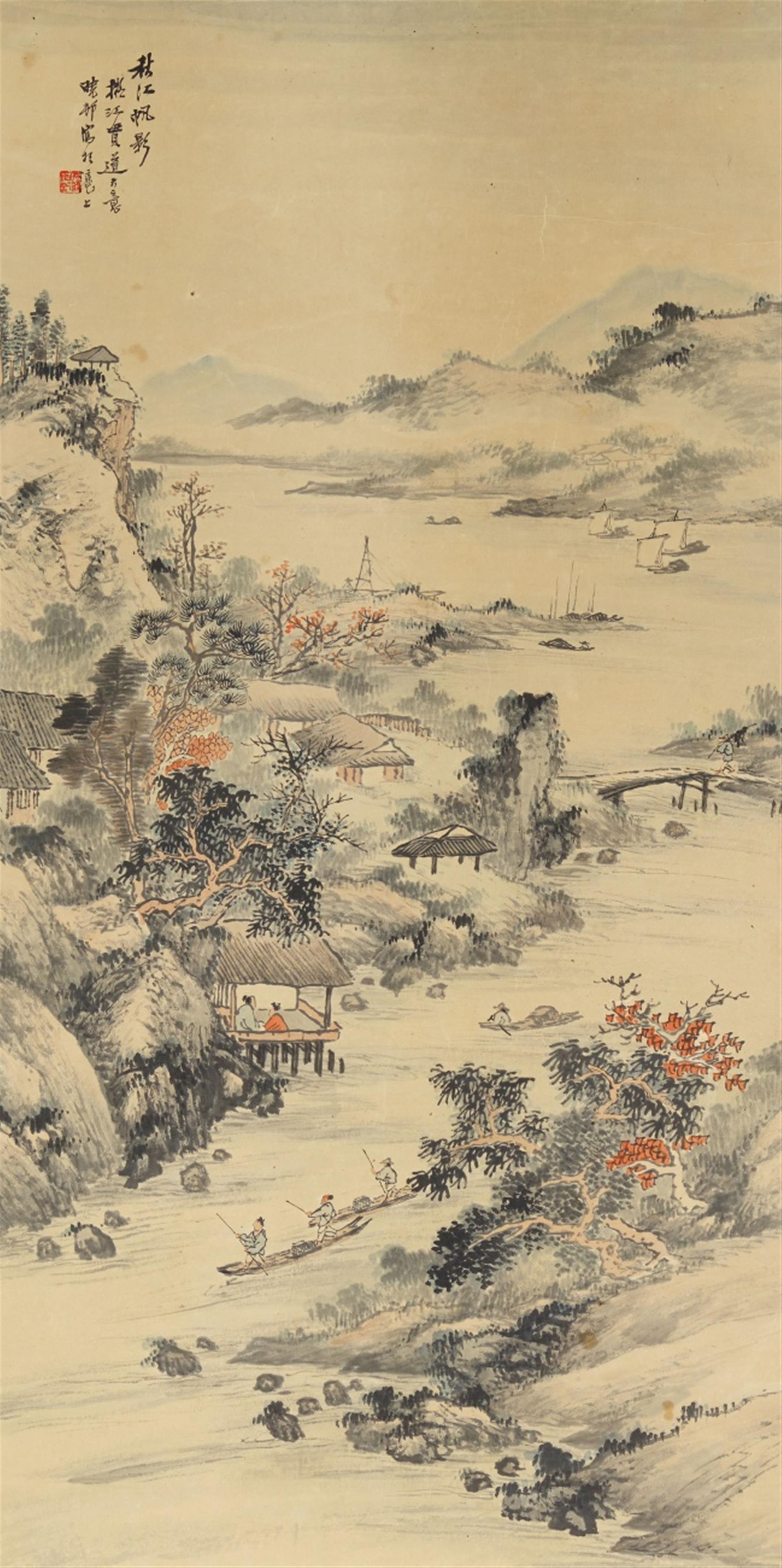 Xu Xi - Siedlung in Flusslandschaft. Hängerolle. Tusche und Farben auf Papier. Aufschrift, sign.: Xiao Cun und Siegel: Xiao weng hua ji. - image-1