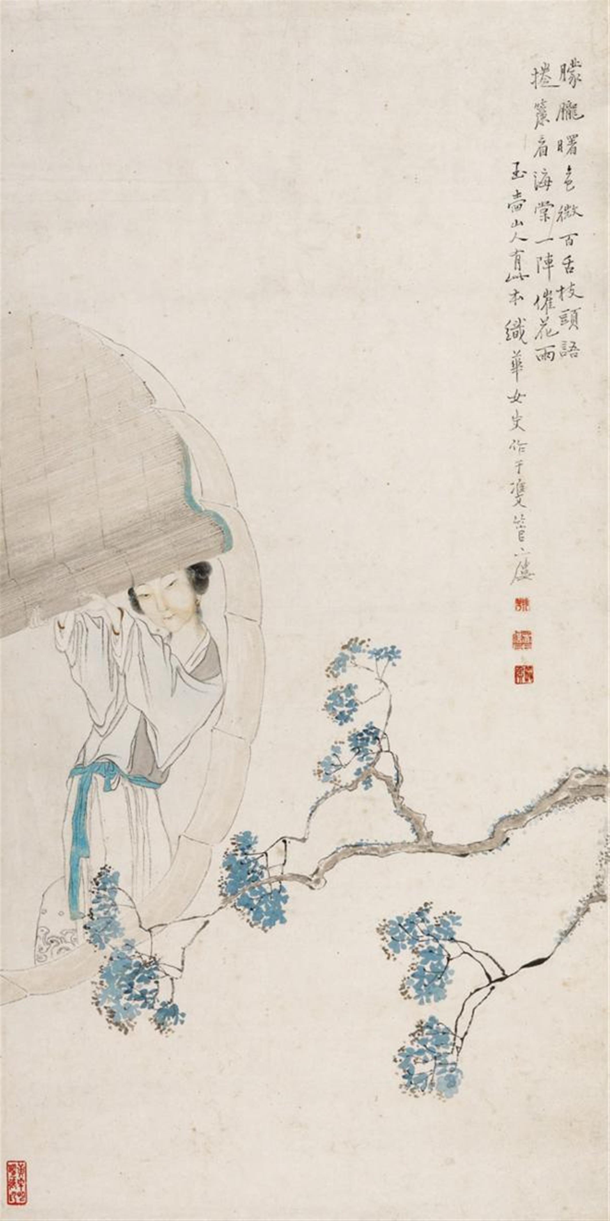Shi Hua, Um 1900 - Junge Frau an einem Rundfenster auf Blütenzweig blickend. Tusche und wenige Farben auf Papier. Aufschrift, sign.: Shi Hua nüshi, Siegel: Shi Hua und drei weitere. - image-1
