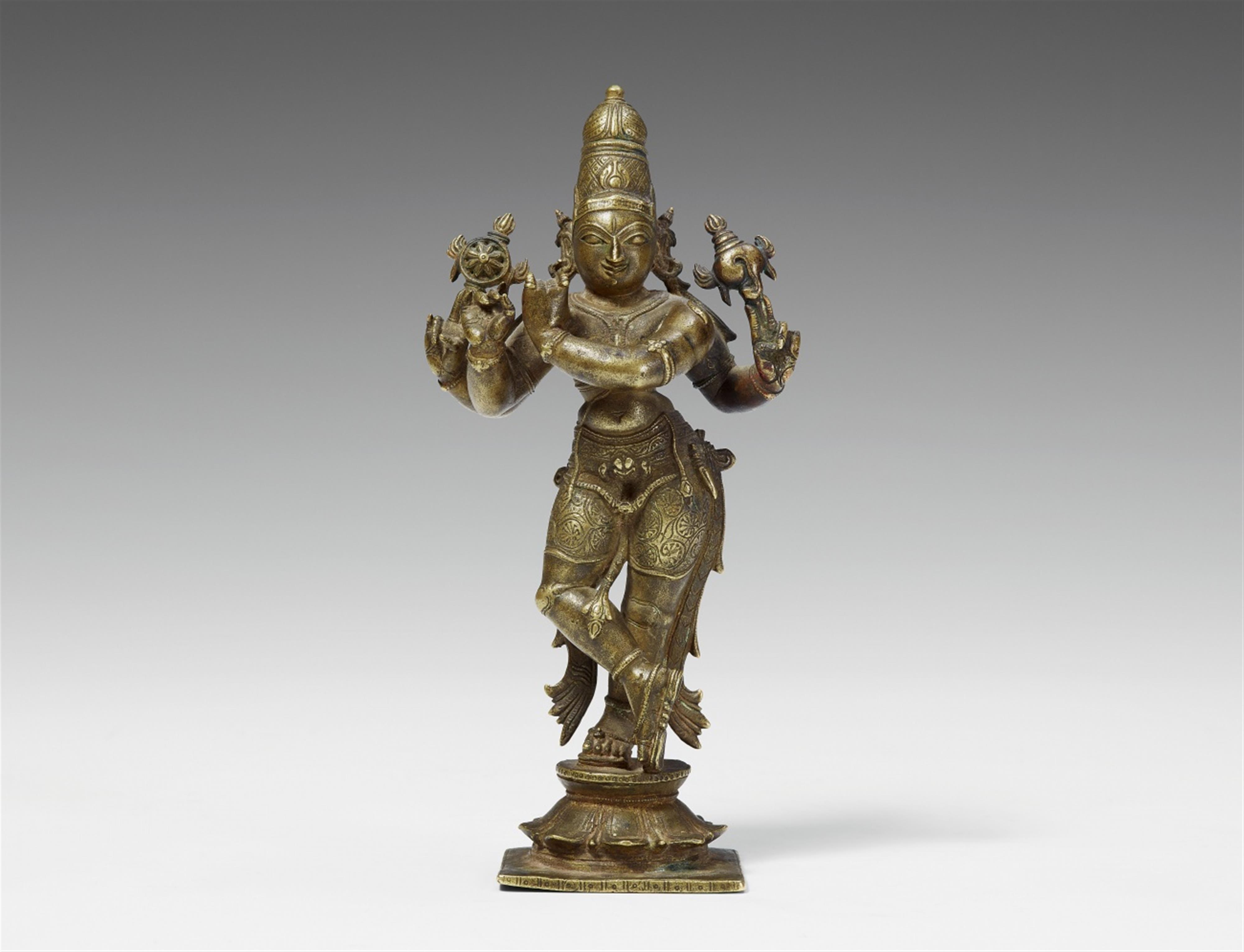 Vierarmiger Krishna Venugopala. Gelbliche Bronze. Südindien. 19./20. Jh. - image-1