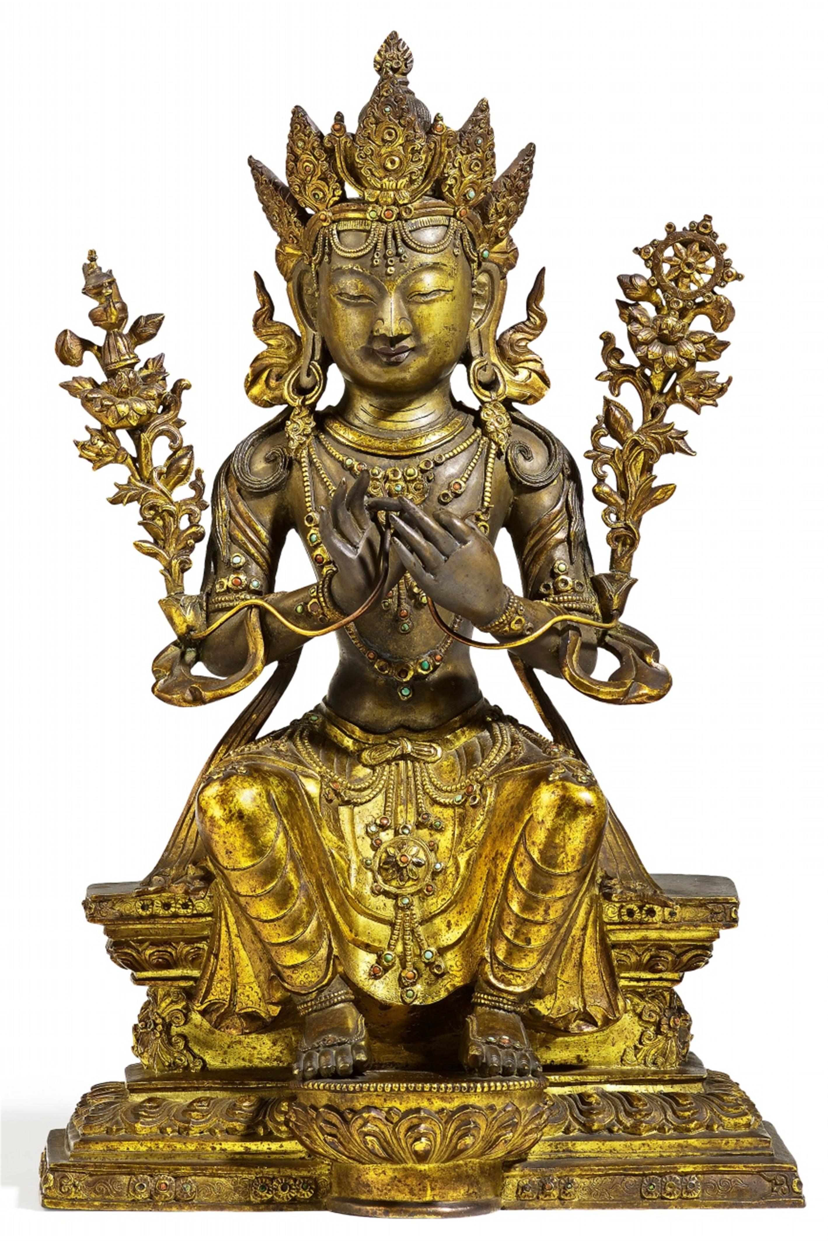 A rare and exquisite Sinotibetan or Mongolian gilt bronze figure of Maitreya. 17th/18th century - image-1