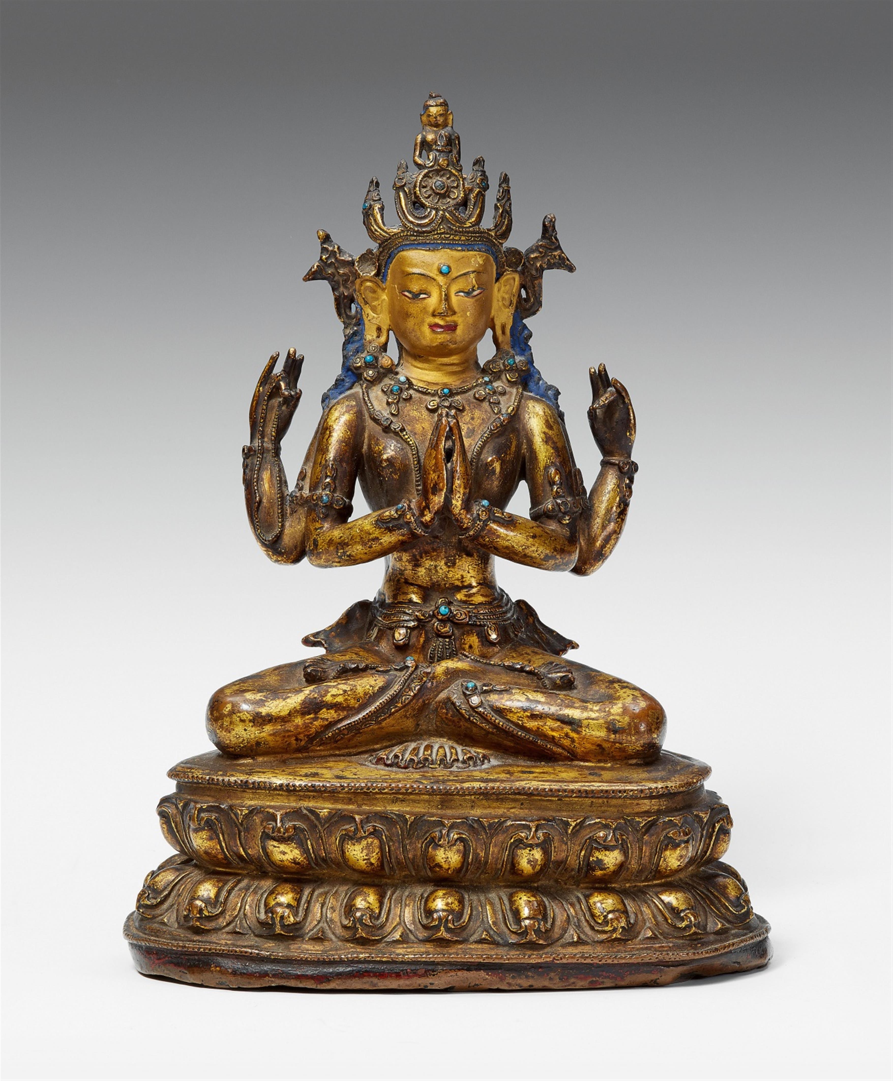 Shadakshari Avalokiteshvara. Feuervergoldete Bronze. Tibet. 15./16. Jh. - image-1
