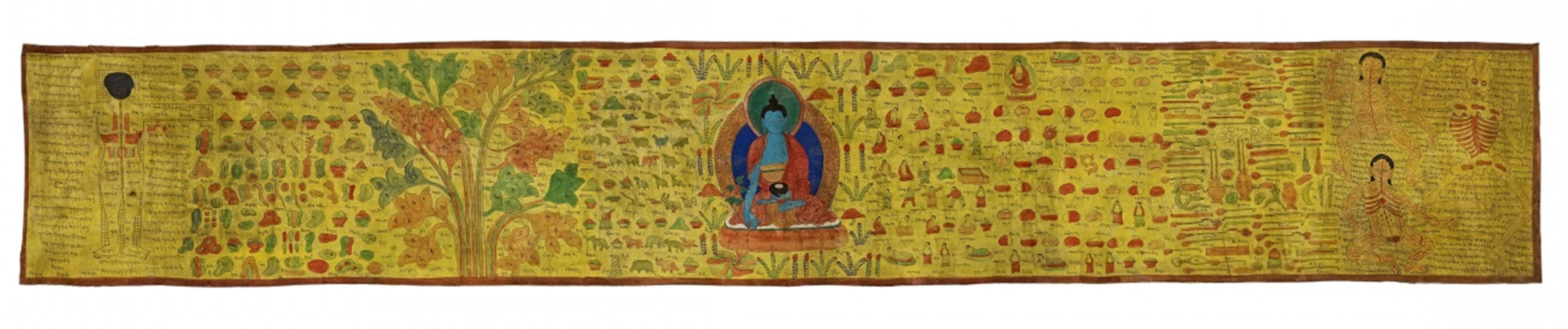 A horizontal scroll of a Tibetan medical thangka with Bhaisajyaguru. 19th century - image-1