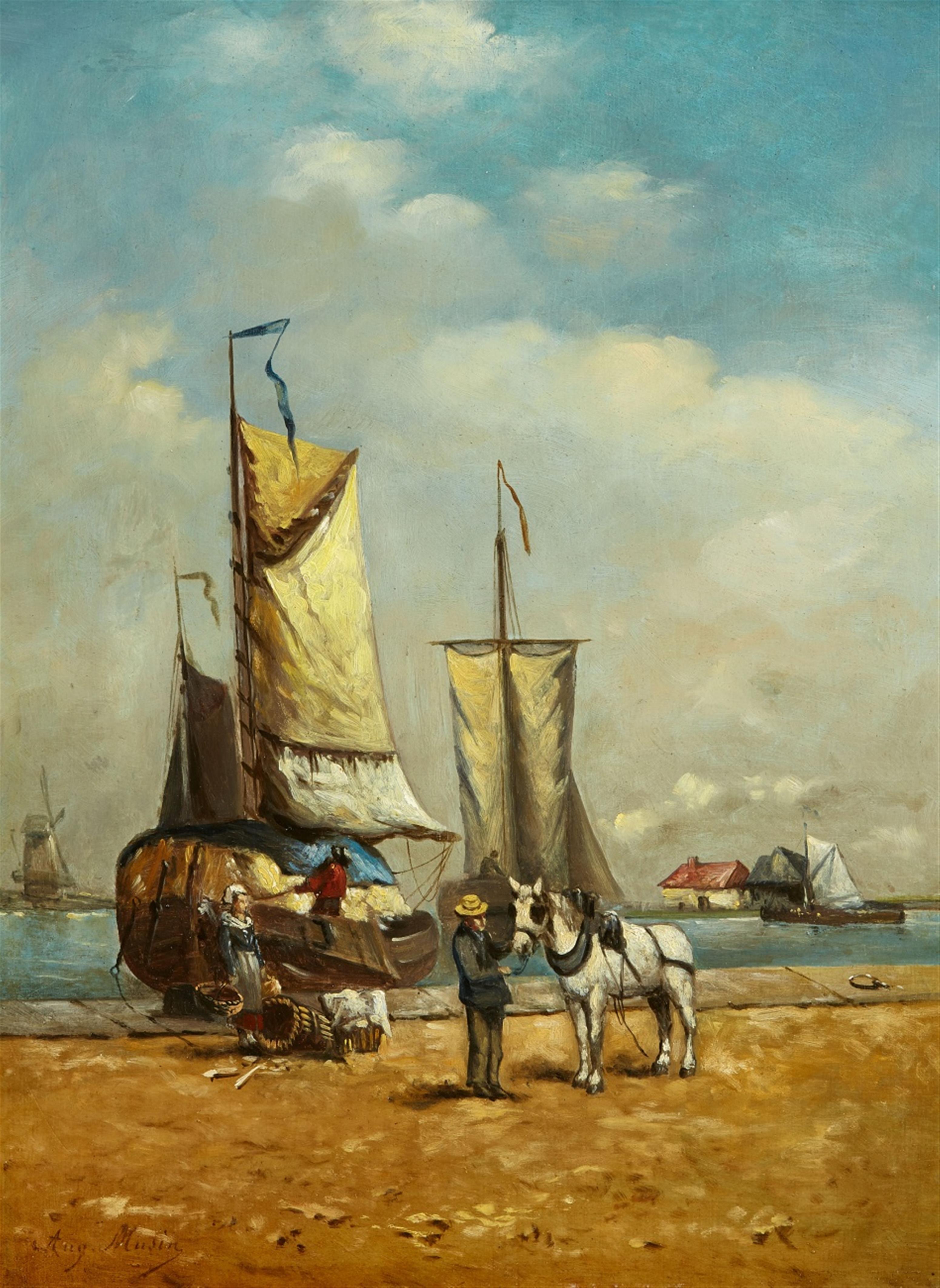 Auguste Henri Musin - Harbour Scene with Sailing Ships - image-1