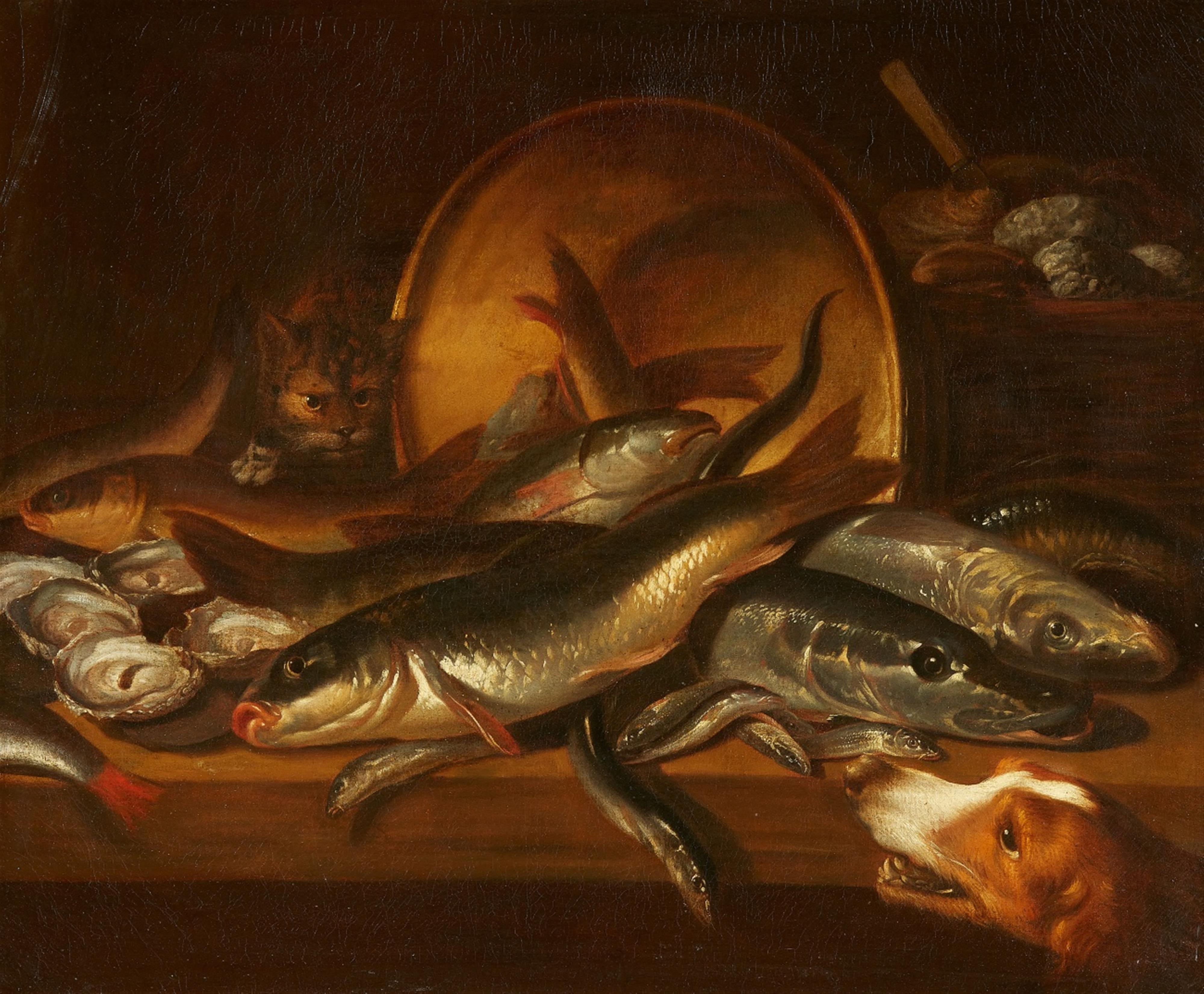 Isaac van Duynen - Stillleben mit Fischen, Hund und Katze - image-1