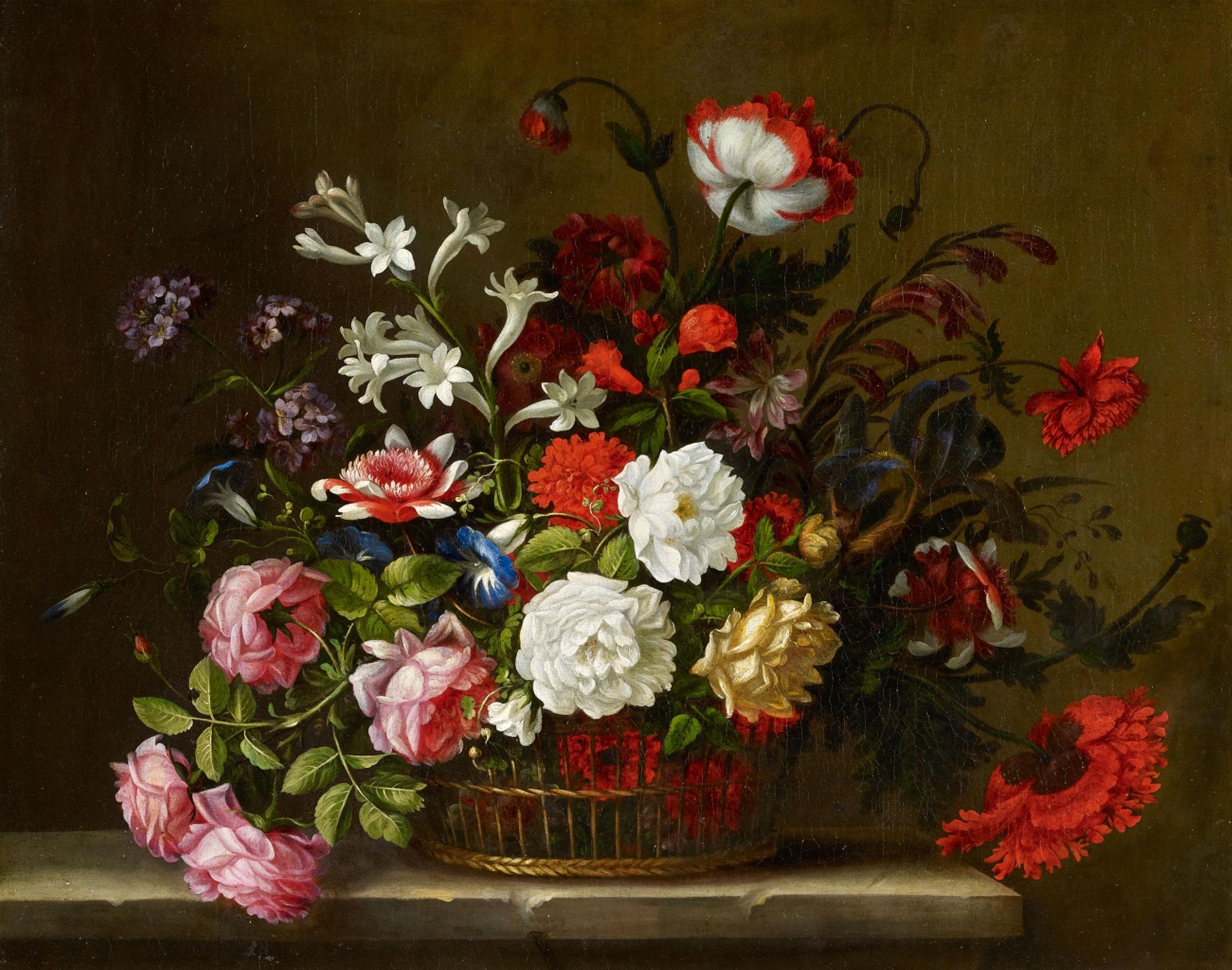 Französischer Meister des 17. Jahrhunderts - Stillleben mit Pfingstrosen, Mohn und weiteren Blumen in einem Bastkorb - image-2