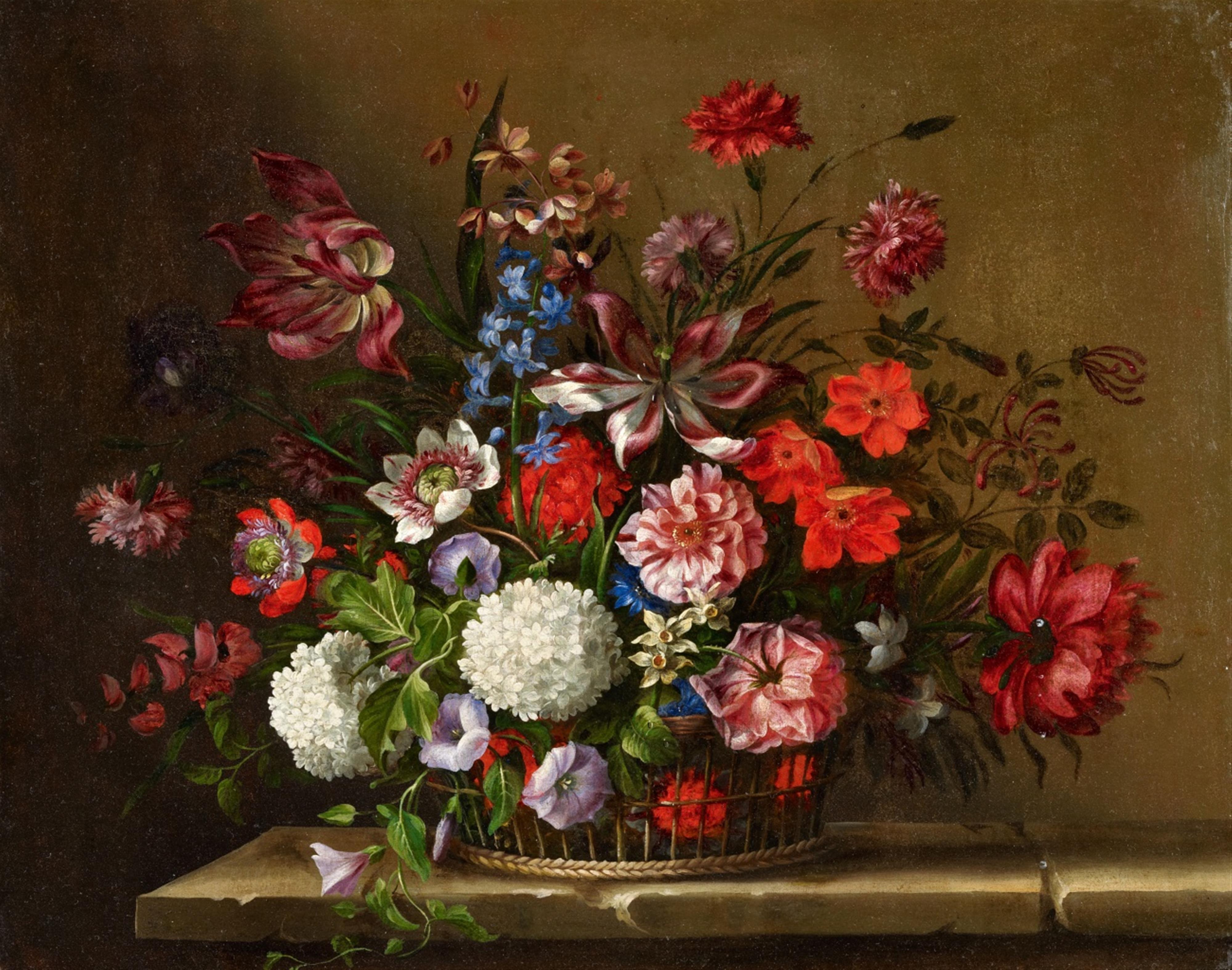 French School, 17th century - Still Life with Snowball Flowers, Tulips, and other Flowers in a Basket - image-1