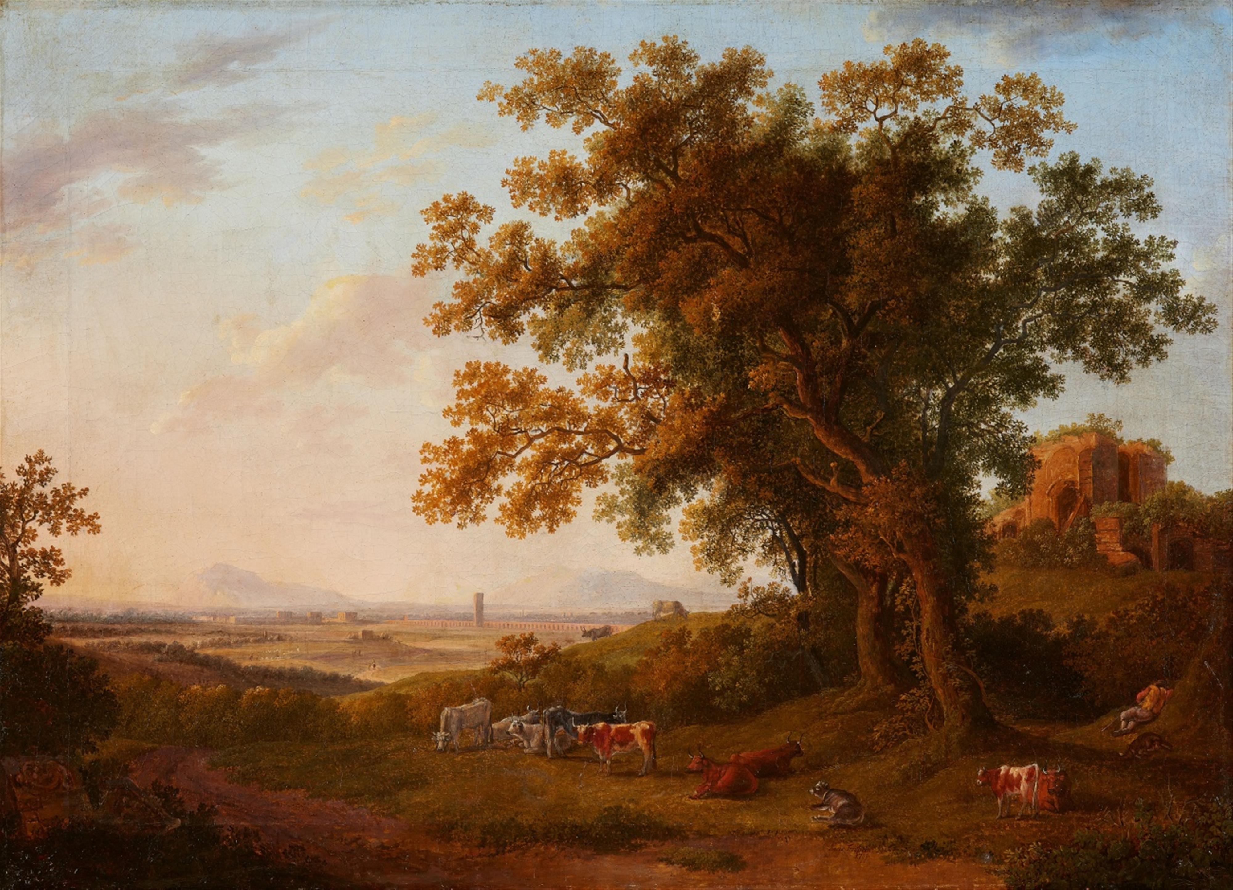 Johanna Mariane Freystein - Weite italienische Landschaft mit Viehherde und schlafendem Hirten - image-1