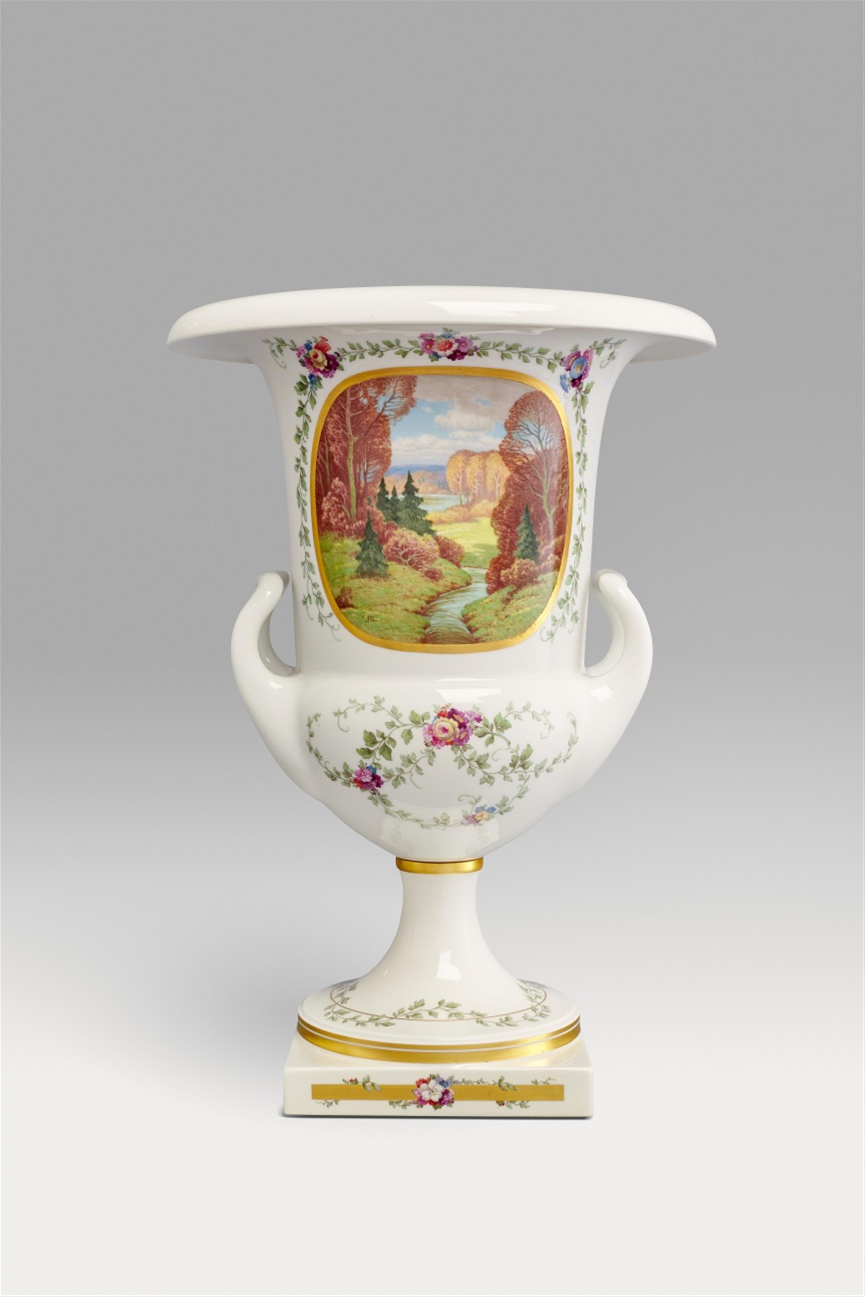 A Berlin KPM porcelain krater vase with landscape decor - image-1
