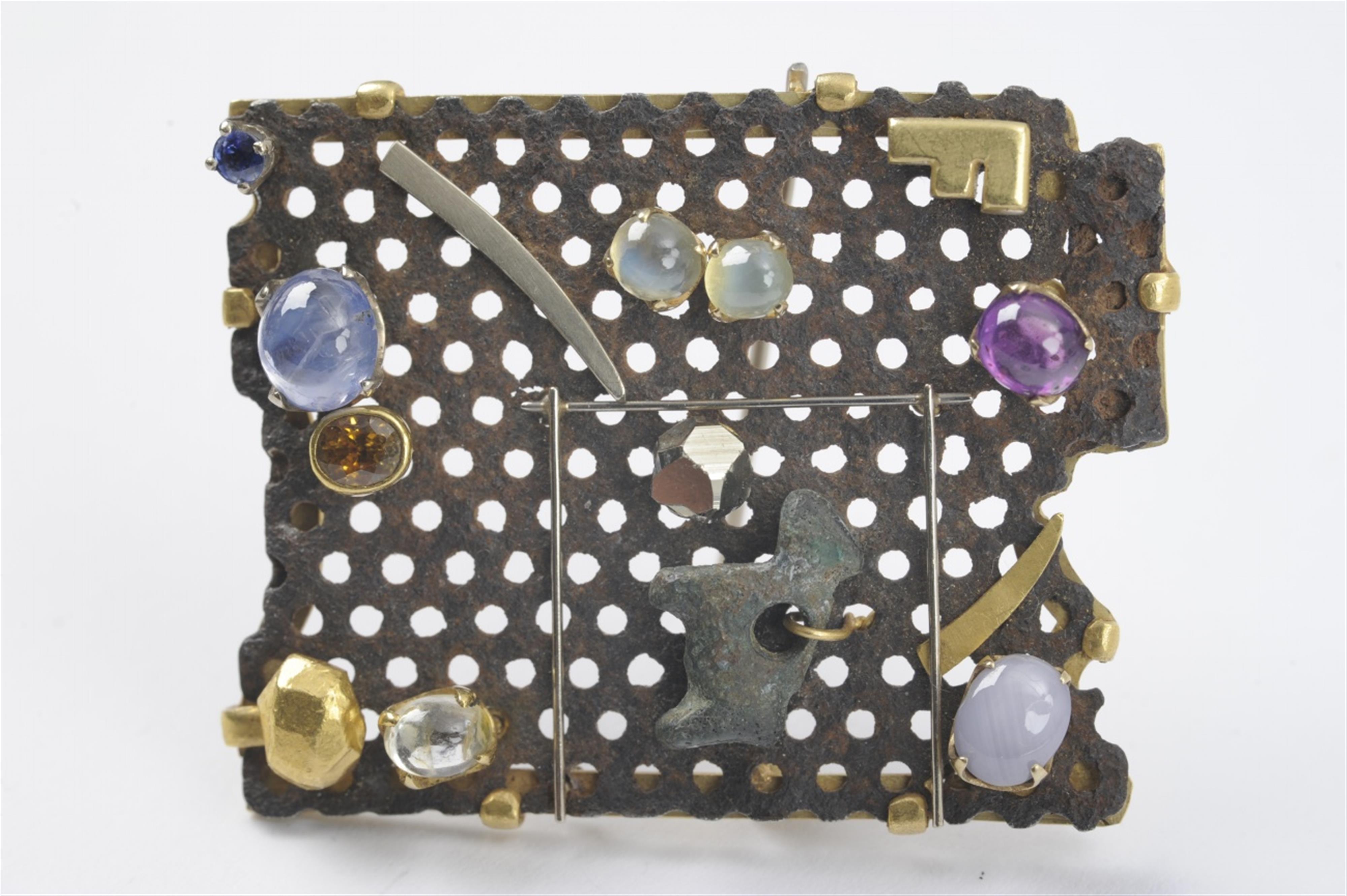 An iron, platinum, 18k gold brooch set with "objets trouvés" and various gems by Falko Marx, Cologne - image-2