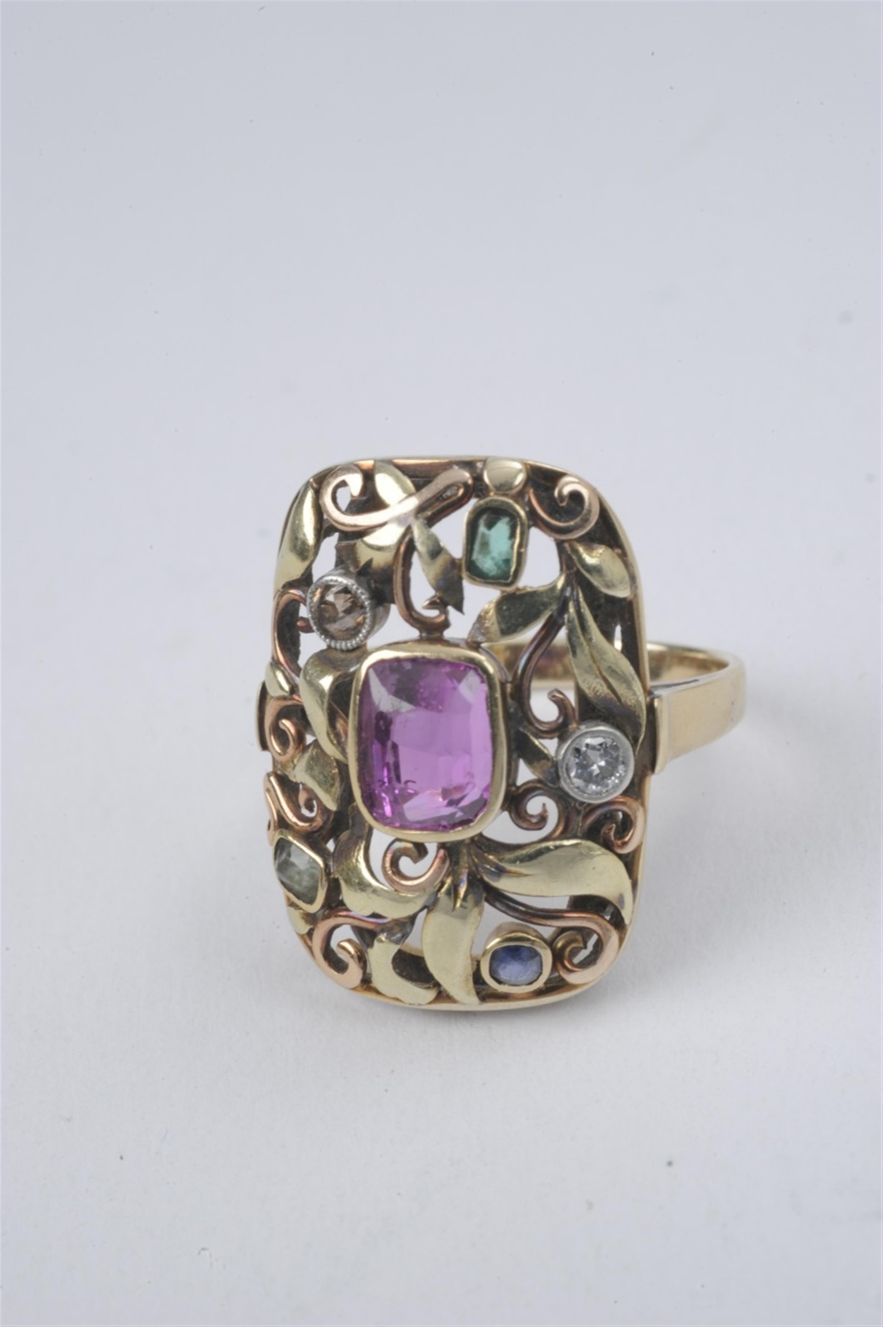 A German 14k gold and coloured stone ring - image-1