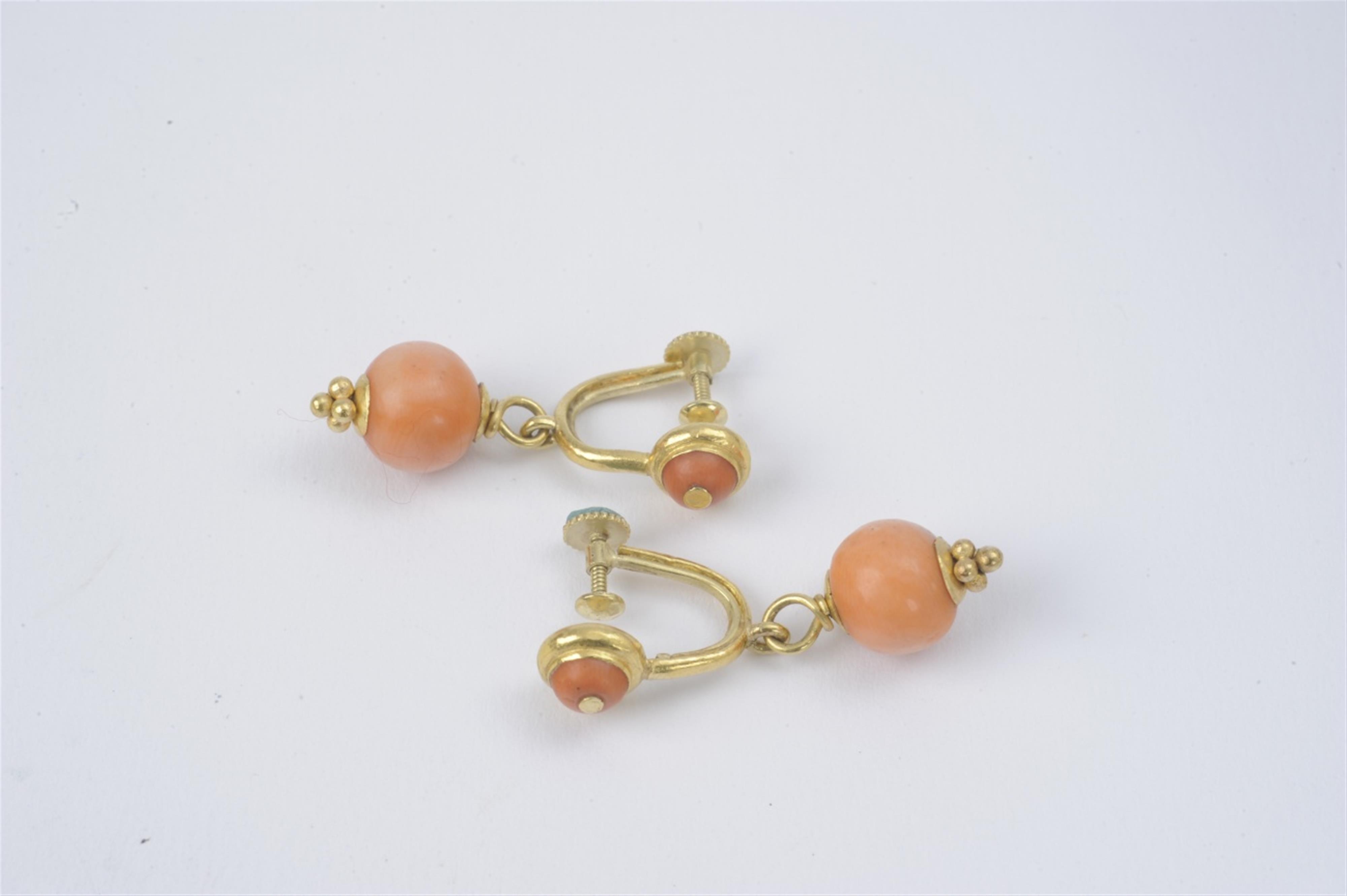 A pair of gold and coral screw-clip pendant earrings - image-1