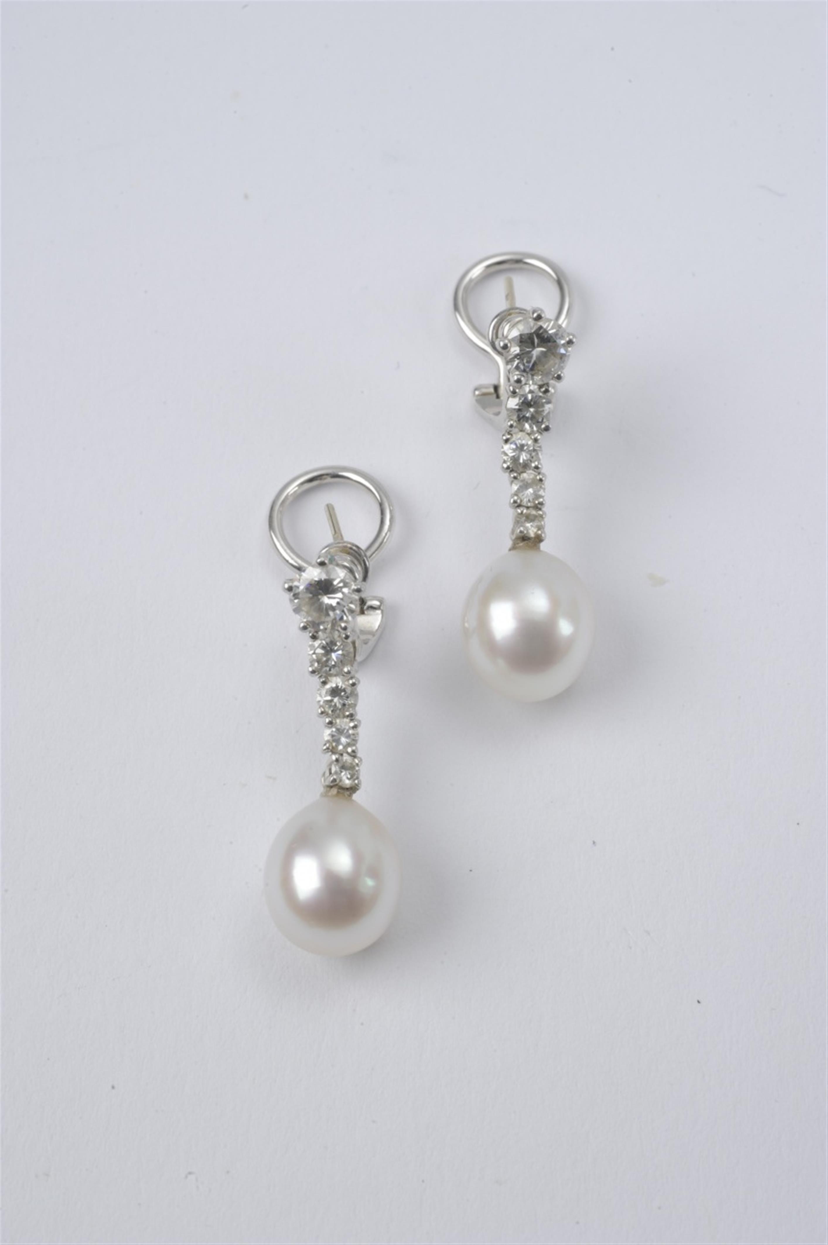A pair of 18k white gold and pearl pendant earrings - image-1