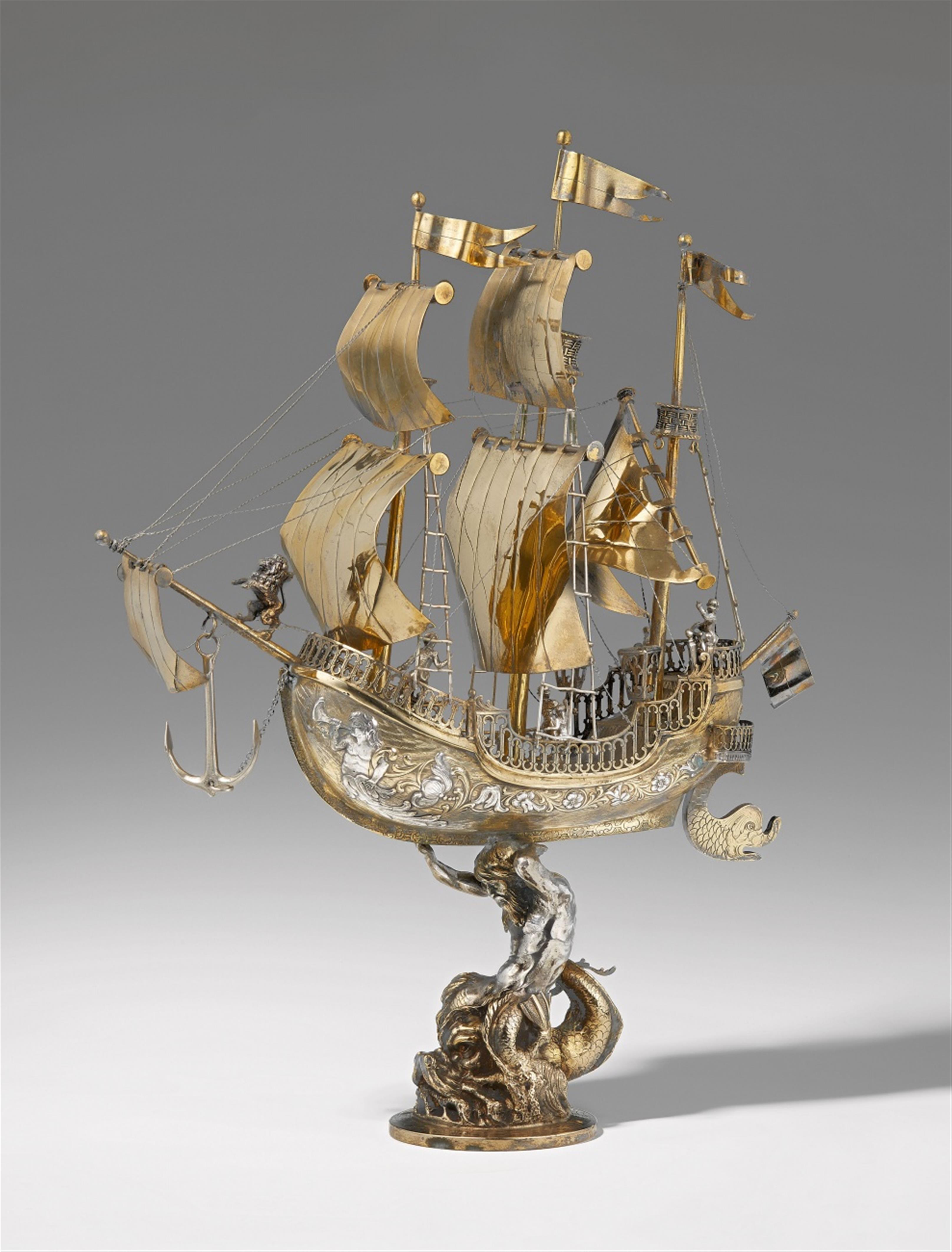 A large Hanau parcel gilt silver table centrepiece formed as a galleon - image-1