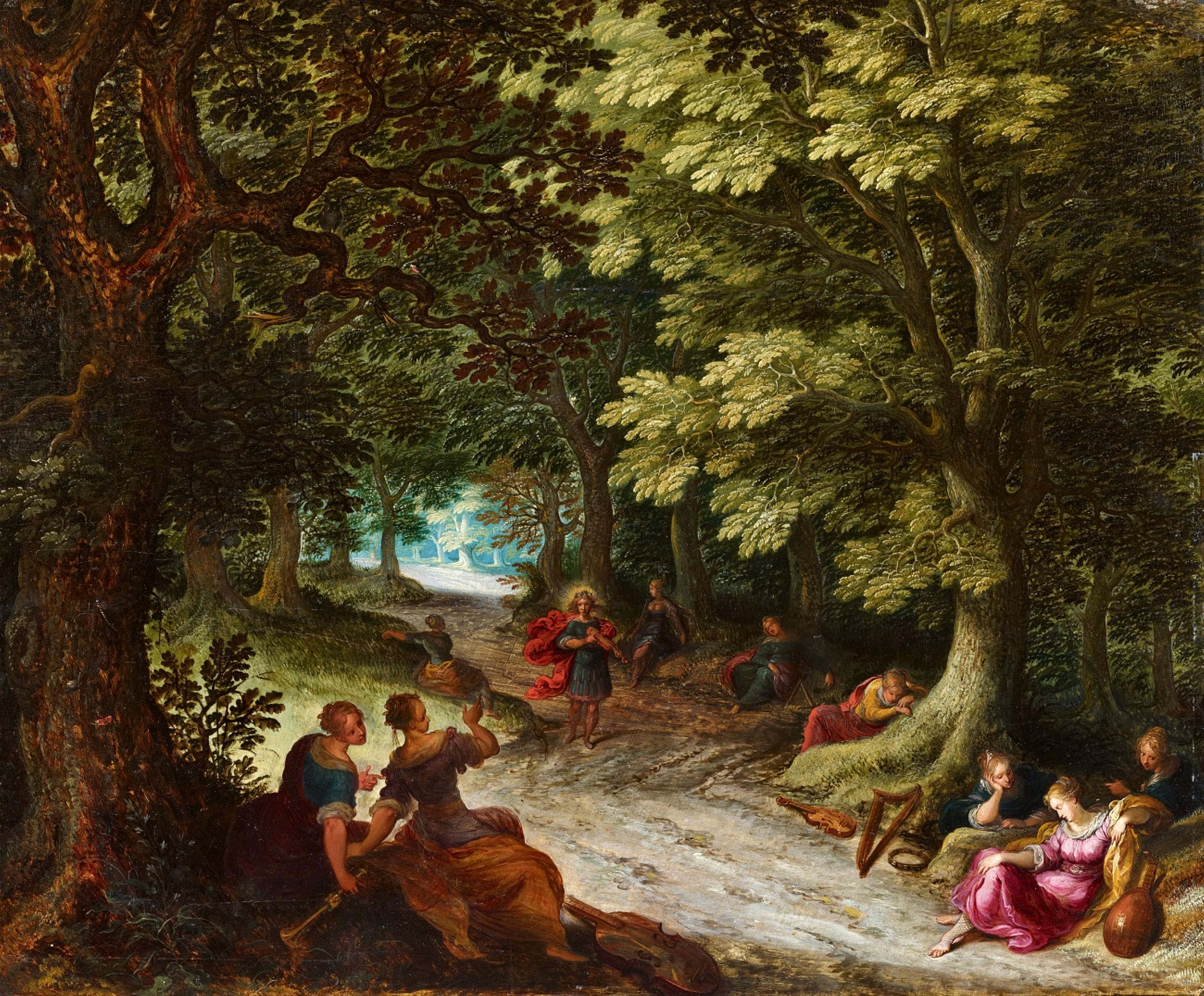 Frans Francken d. J. und Werkstatt
Abraham Govaerts und Werkstatt - Flämische Waldlandschaft mit Apoll und den neun Musen - image-1