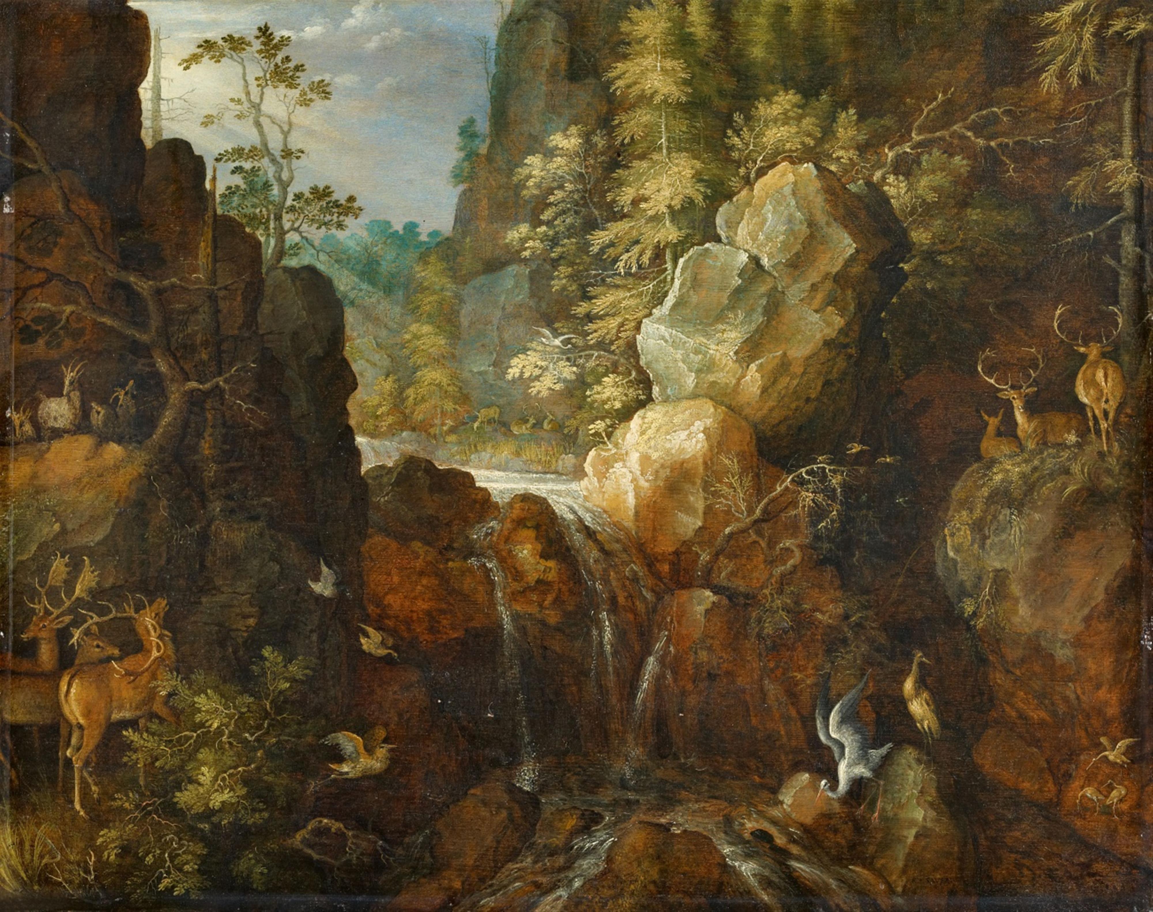 Roelant Savery - Mountain Landscape with Deer and a Stork by a Waterfall - image-1