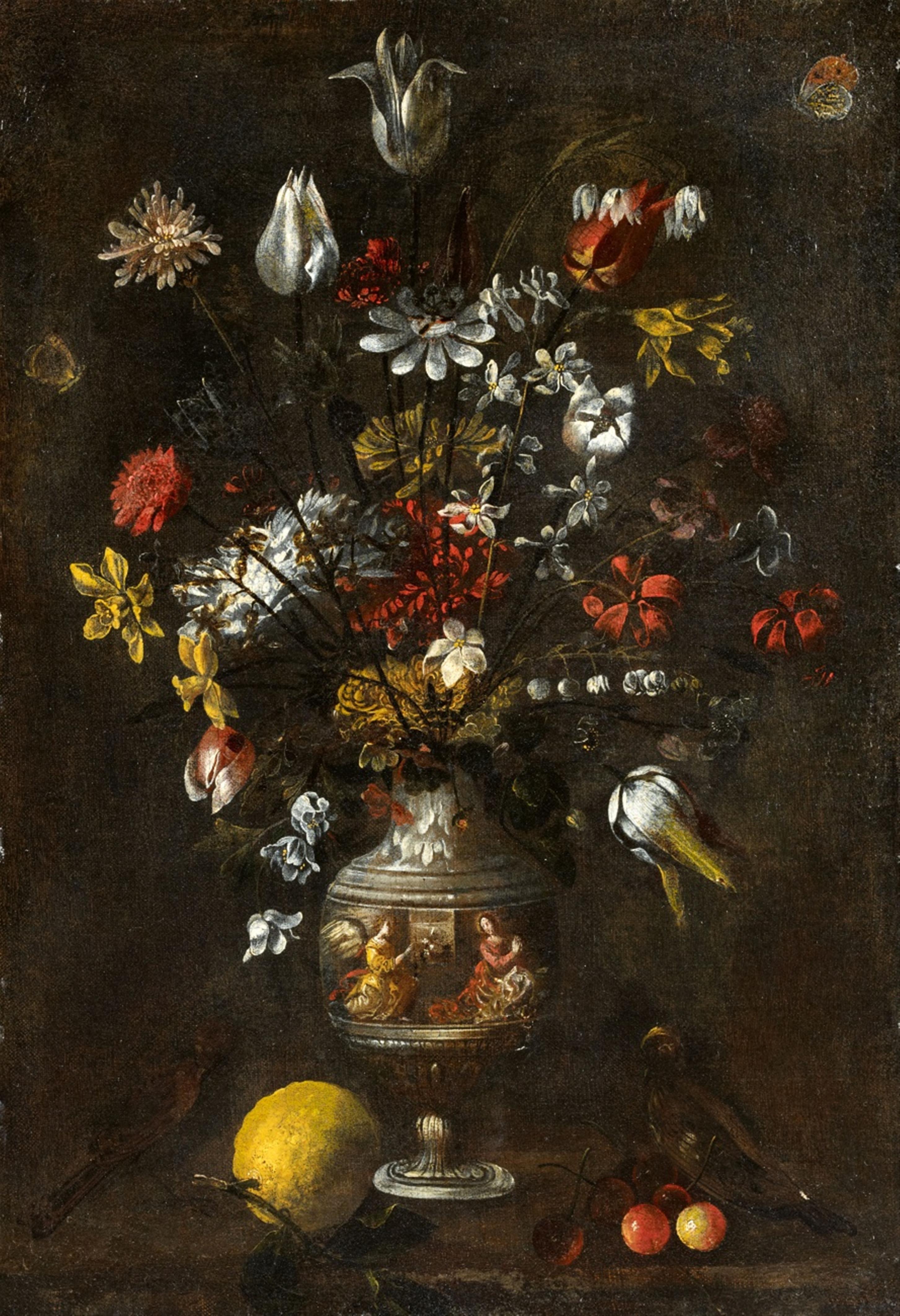 Meister der Vase mit Grotesken - Stillleben mit Blumen in einer Vase, einer Zitrone, Kirschen und zwei Vögeln auf einer Steinplatte - image-1