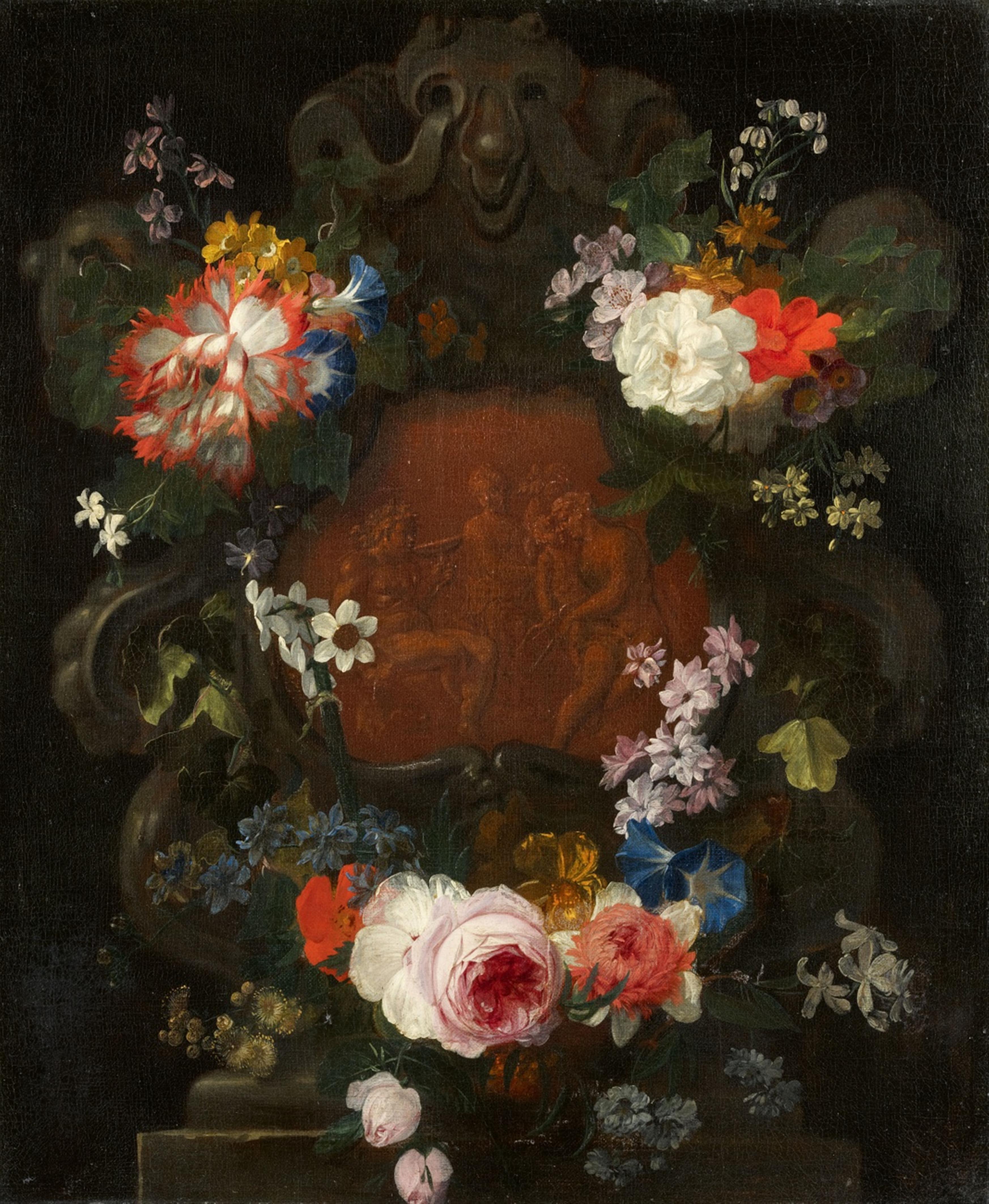 Jan Philip van Thielen - Cartouche with a Bacchanalia Scene Surrounded by a Floral Garland - image-1